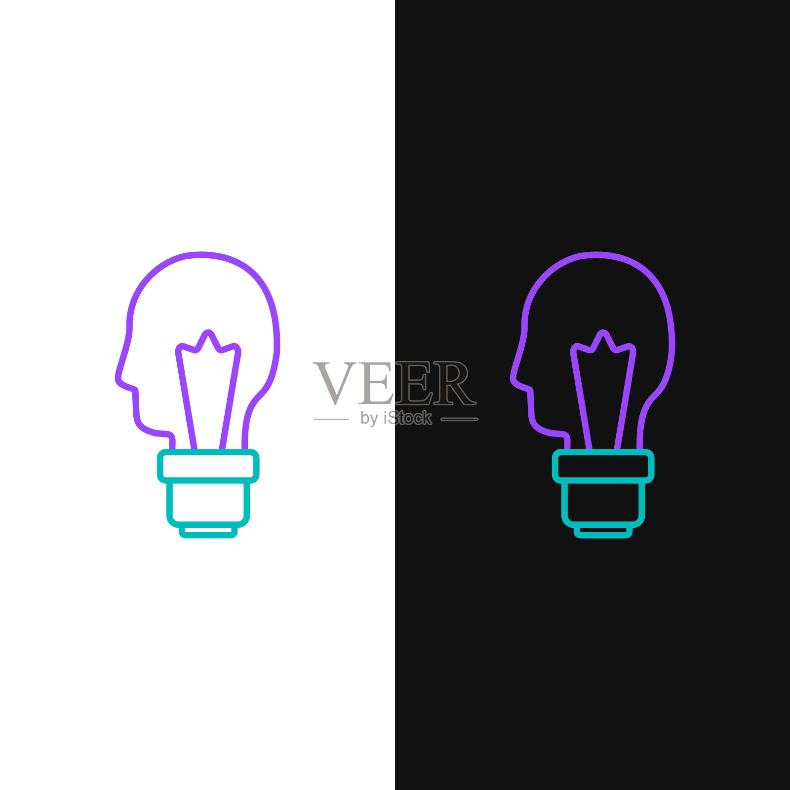 线条灯泡与概念图标隔离在白色和黑色的背景。能量和理念的象征。灵感的概念。彩色轮廓概念。向量插画图片素材