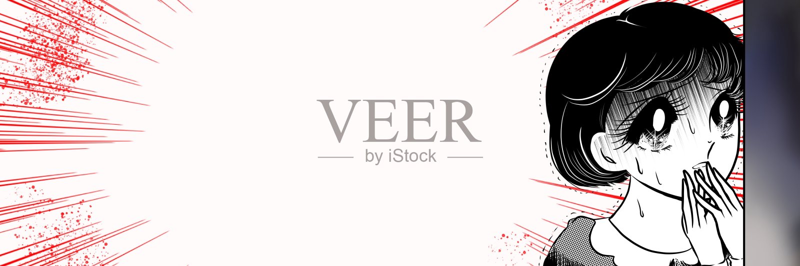 宽尺寸的插图，日本70年代风格的shoujo漫画，一个美丽的黑发女孩在目睹事件现场后面色苍白的恐慌。插画图片素材