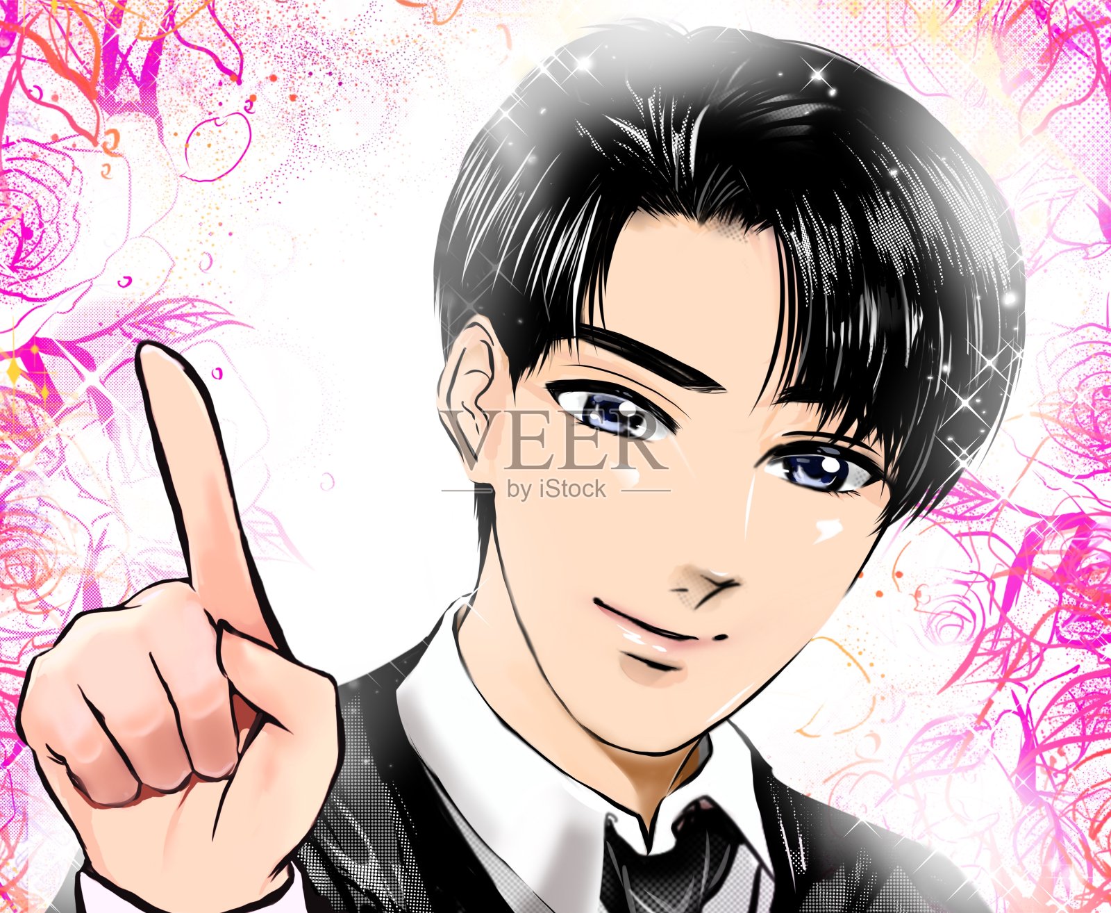 漫画插图一个英俊的老师在西装和黑色的头发轻轻指向和教学和花园的背景。插画图片素材