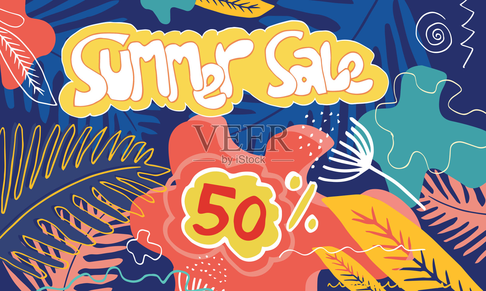 夏季销售横幅模板与涂鸦风格。一个带有棕榈叶和涂鸦元素的抽象夏天。促销徽章为您的季节性设计。设计模板素材