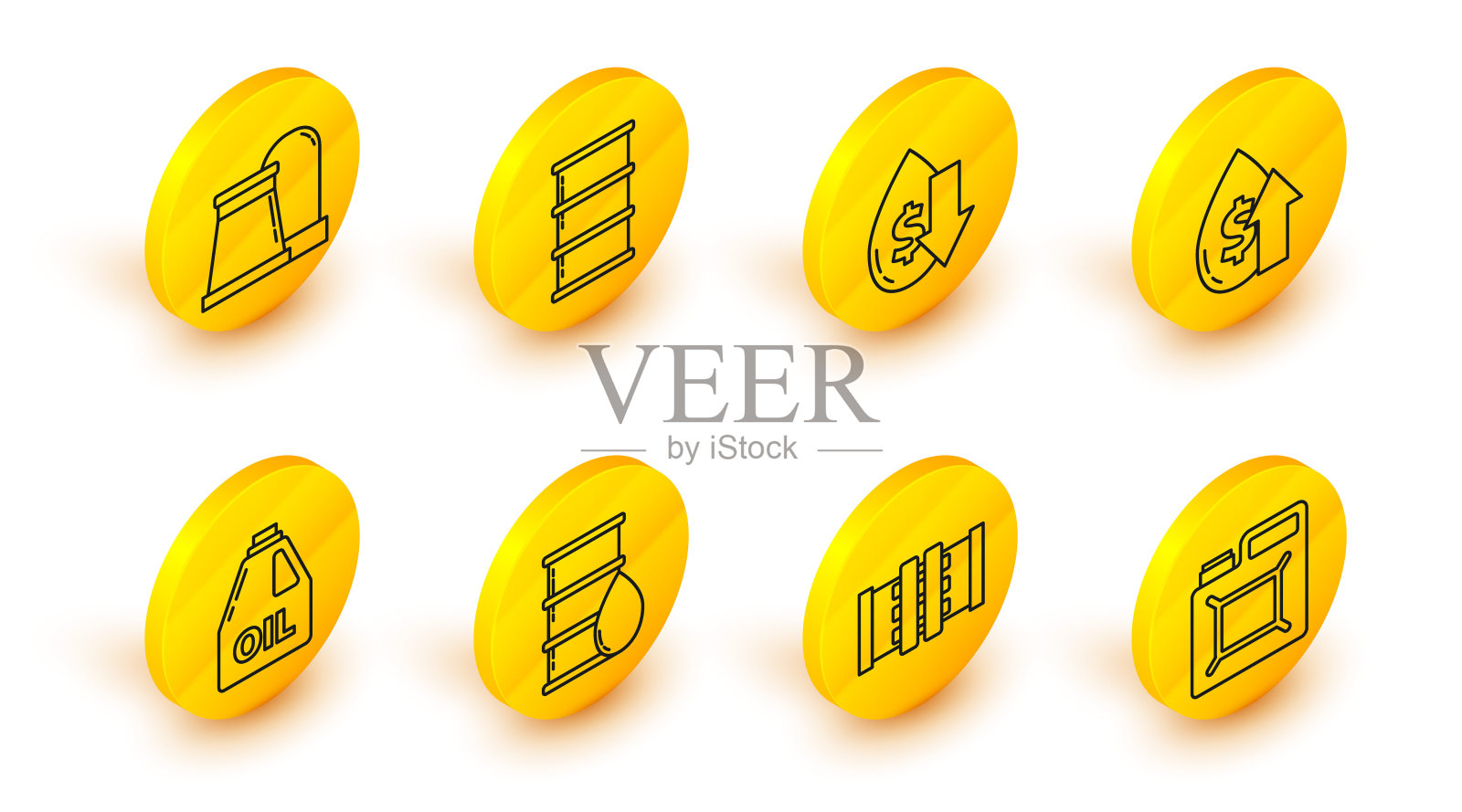 集线罐汽油，工业金属管道和阀门，桶油，电机，油价上涨，下降原油，工业厂房图标。向量图标素材