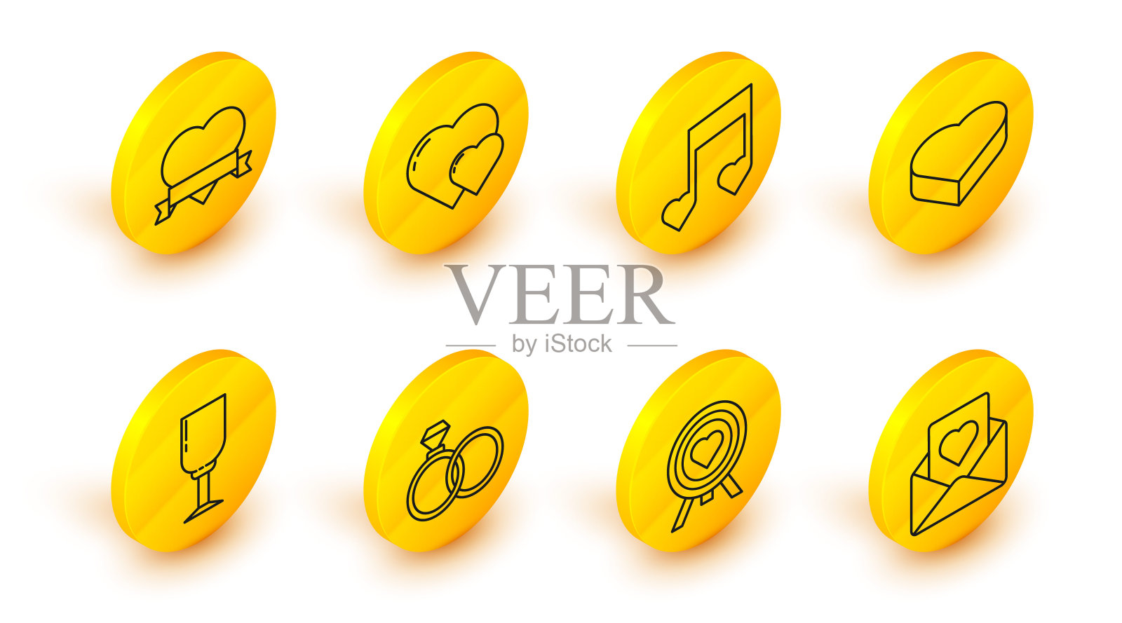 设置线信封与心，心在中心镖目标瞄准，结婚戒指，酒杯，糖果形状的盒子，音乐笔记，语气心，和丝带图标。向量图标素材