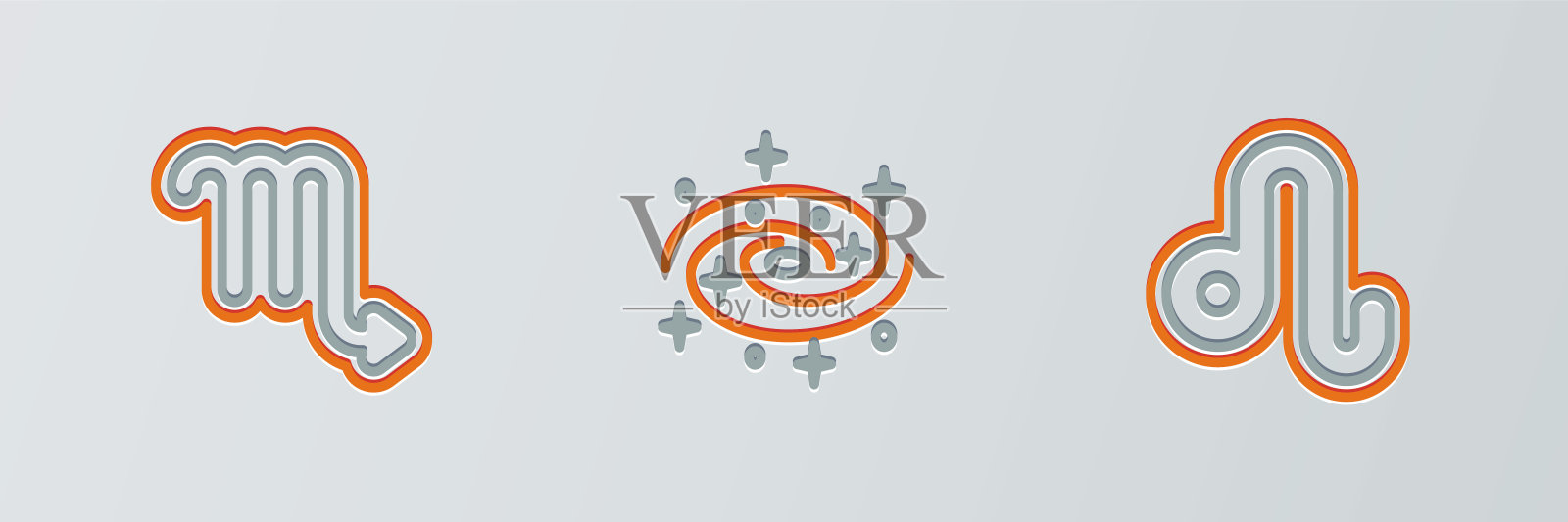 设定行狮子座星座、天蝎座和银河系螺旋星系图标。向量图标素材