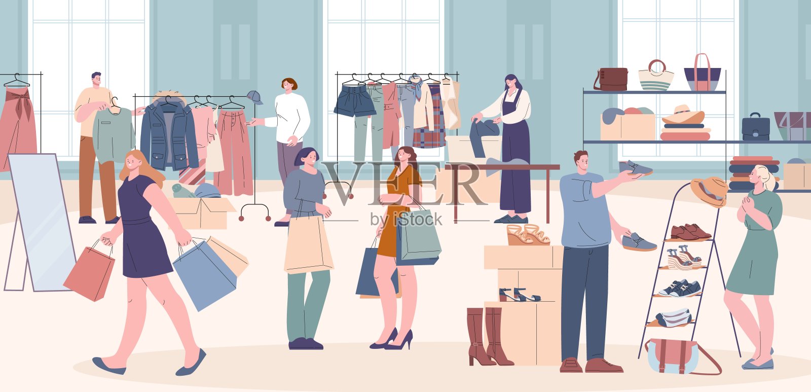 跳蚤市场或二手店的人。时尚男人女人在精品店，设计师服装市场。旧货甩卖，复古零售和活泼的矢量购物者插画图片素材