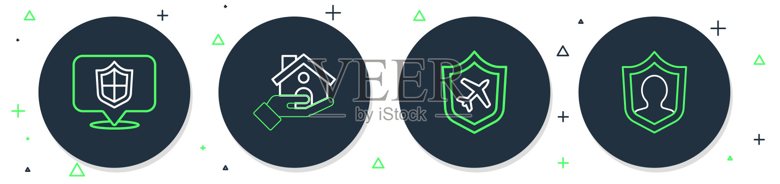 设置线购物大楼与盾，平面，位置和人寿保险图标。向量图标素材