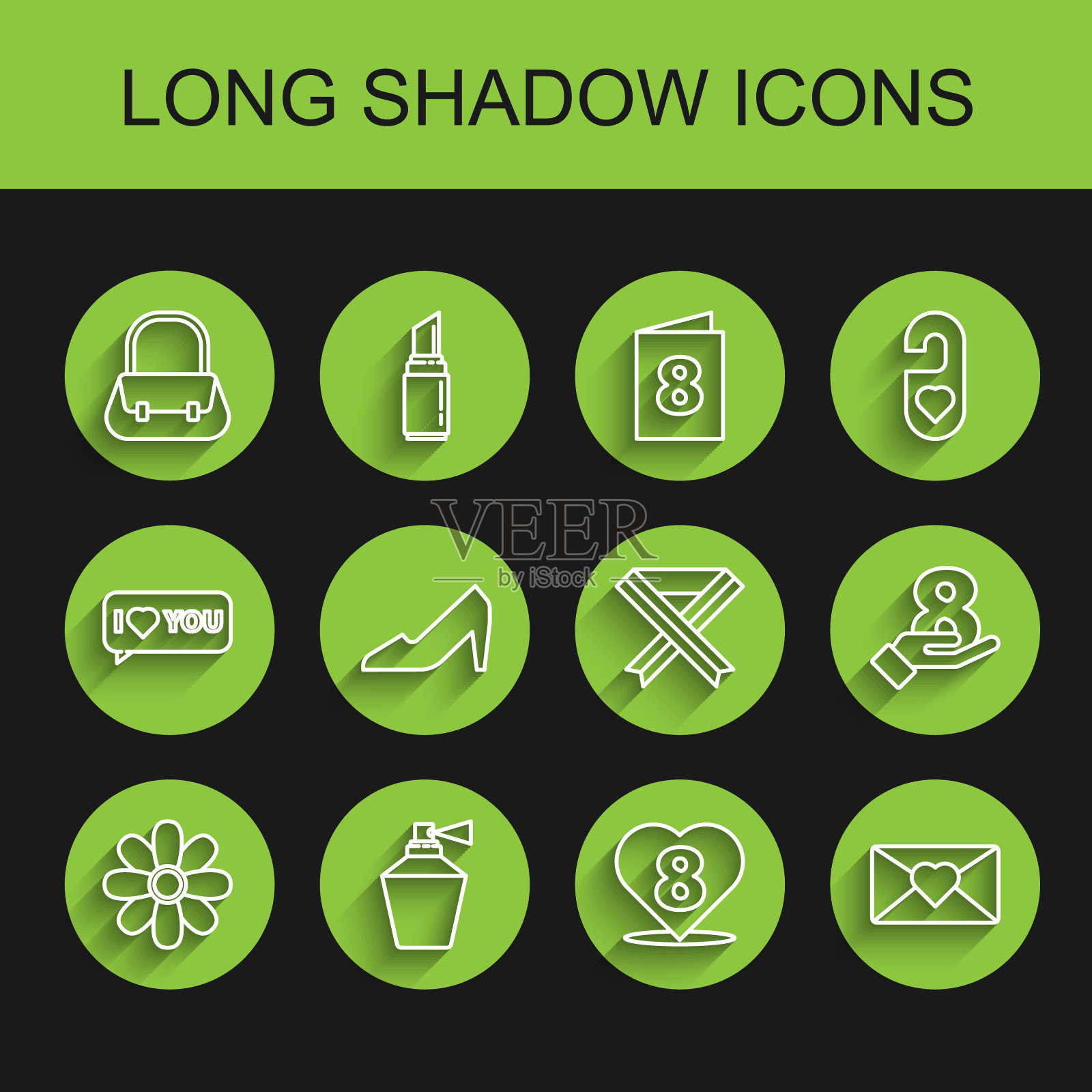 套装线花，香水，手提包，心脏与3月8日，信封，女人鞋，在手和乳腺癌意识丝带图标。向量插画图片素材