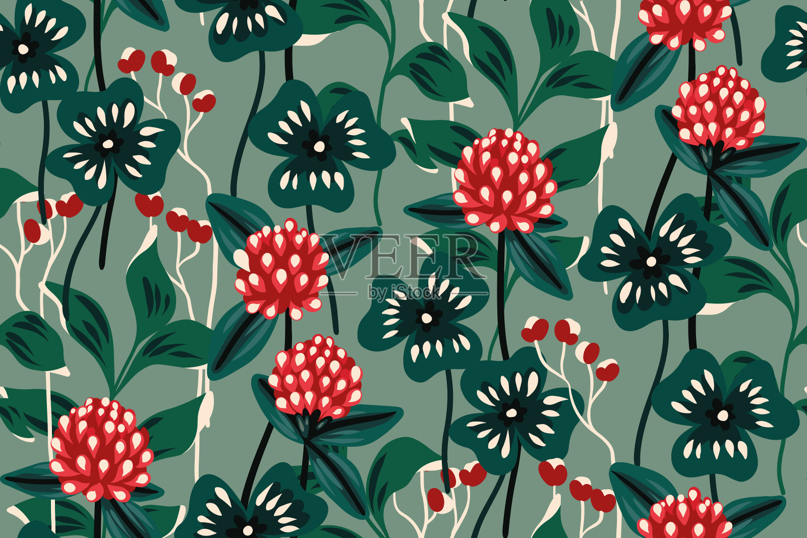 无缝花卉图案与装饰艺术野花。矢量插图。插画图片素材