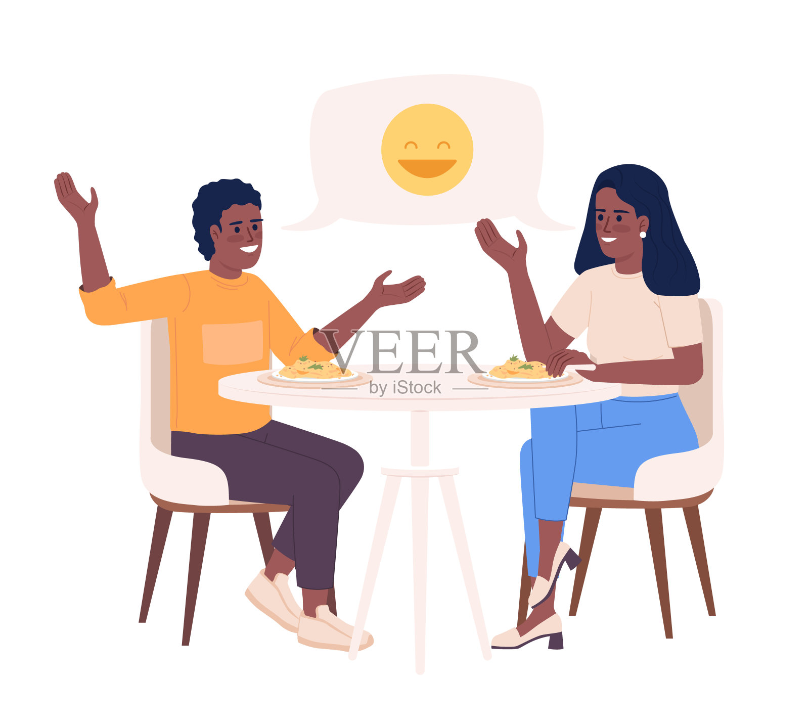 母亲与儿子谈笑风生，吃饭半平色矢量字符插画图片素材