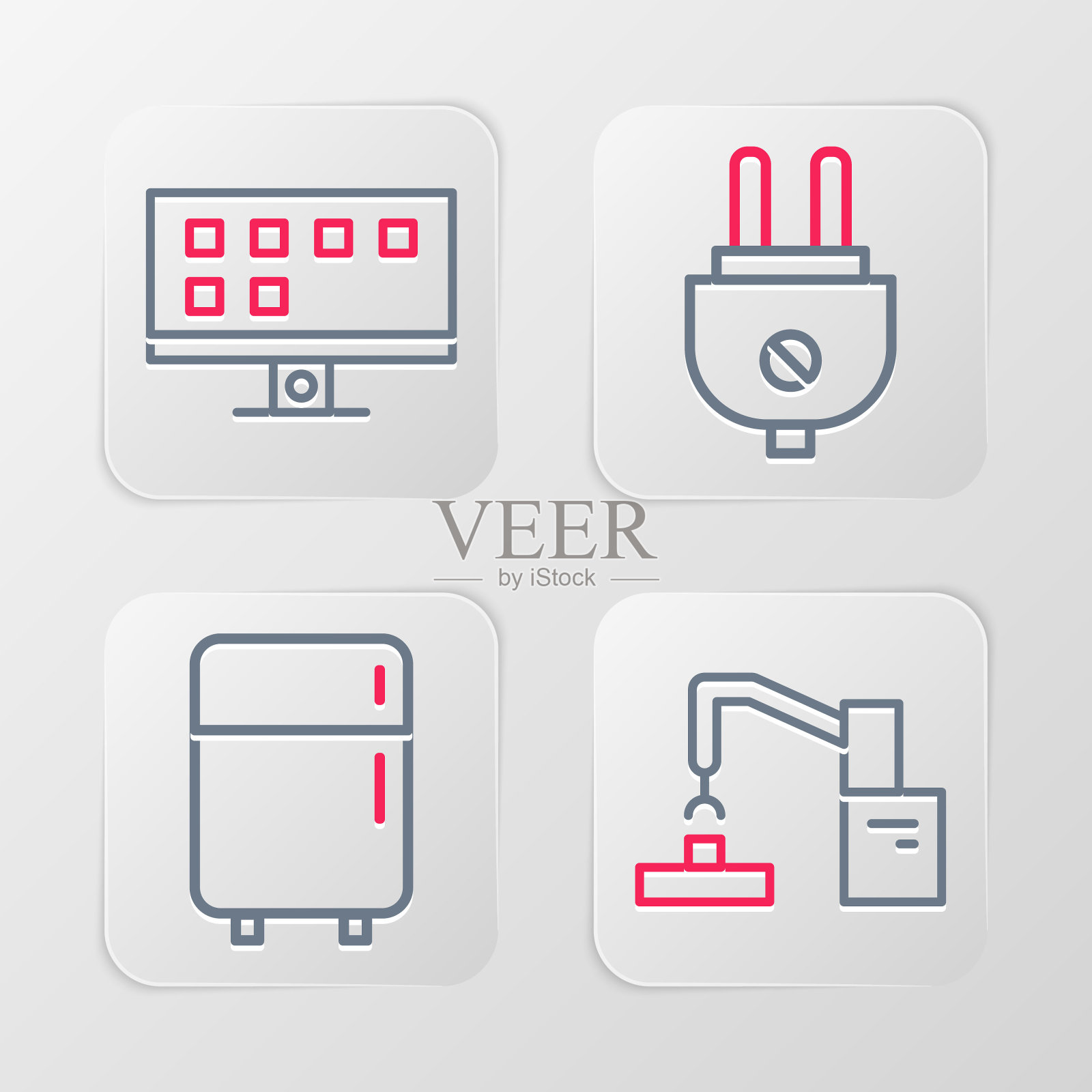 设置流水线机器人机械臂手厂，冰箱，电源插头和智能电视图标。向量图标素材