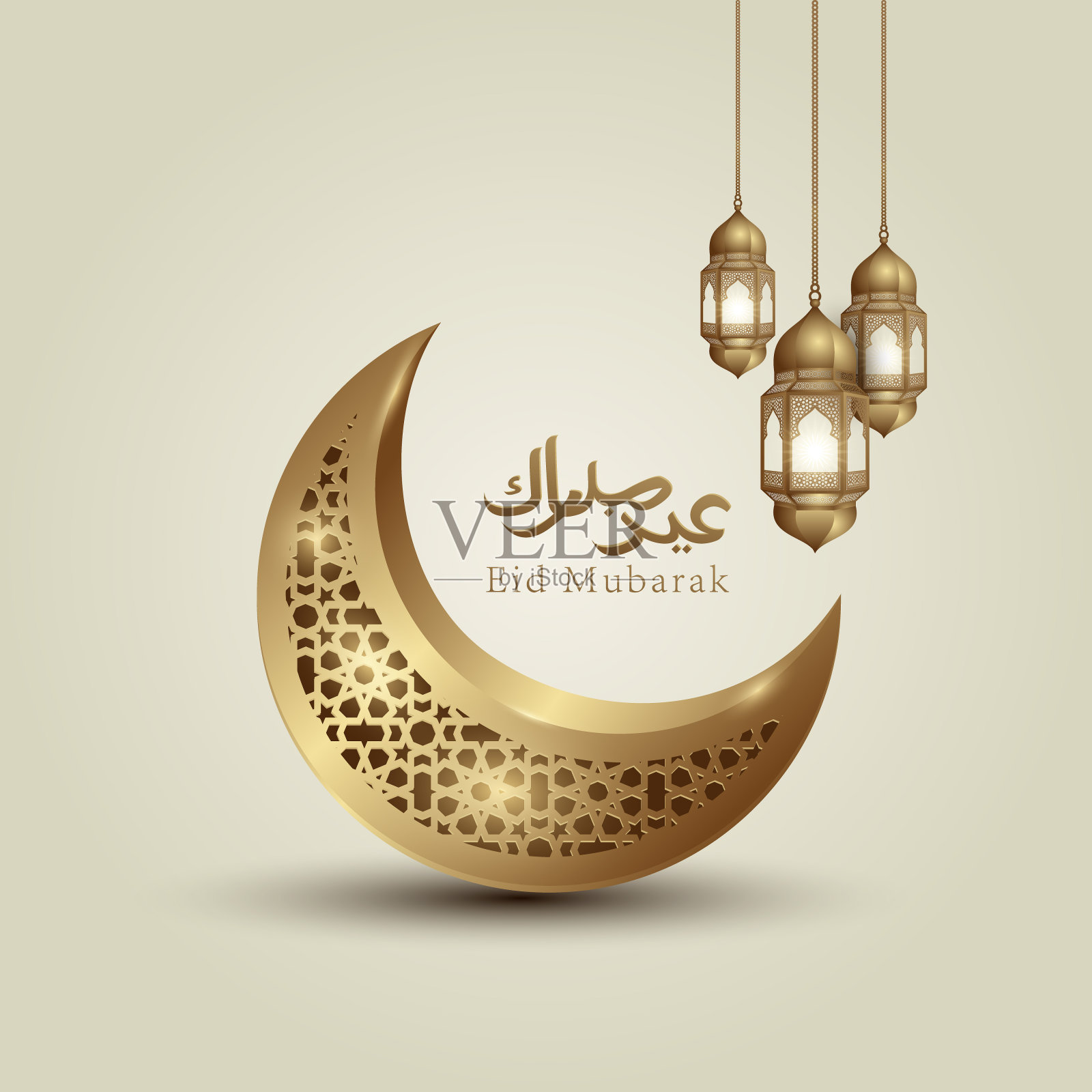 开斋节穆巴拉克伊斯兰书法与金色的月亮和灯笼在几何背景矢量问候插画图片素材