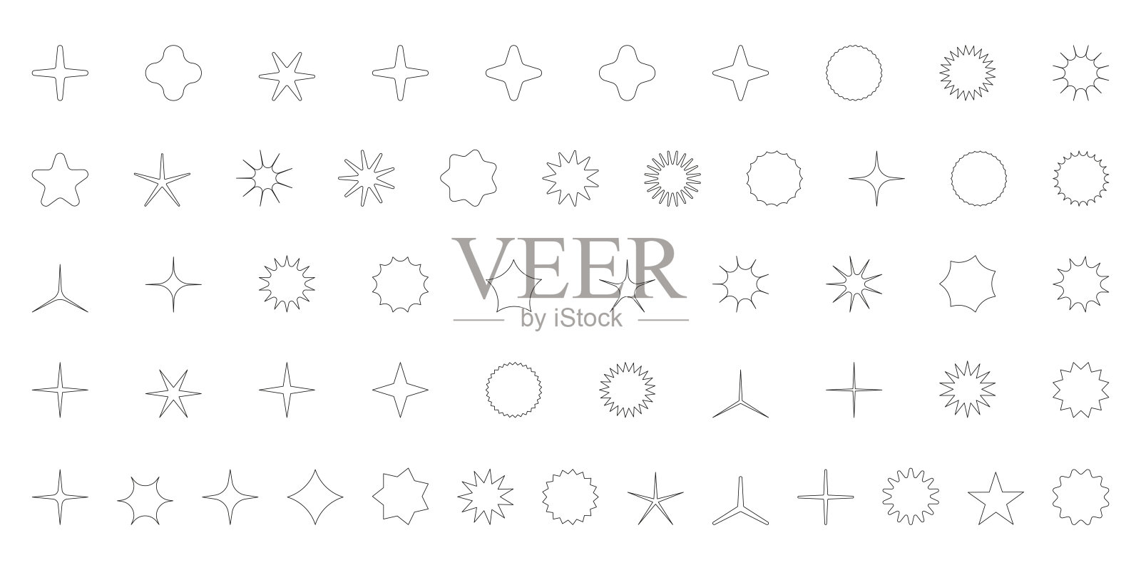 简单的极简主义轮廓元素，抽象的野兽派几何形状。基本形成Y2K图形星形、闪光形、菱形、波圆形。瑞士原始元集。极简的后现代美学载体。插画图片素材