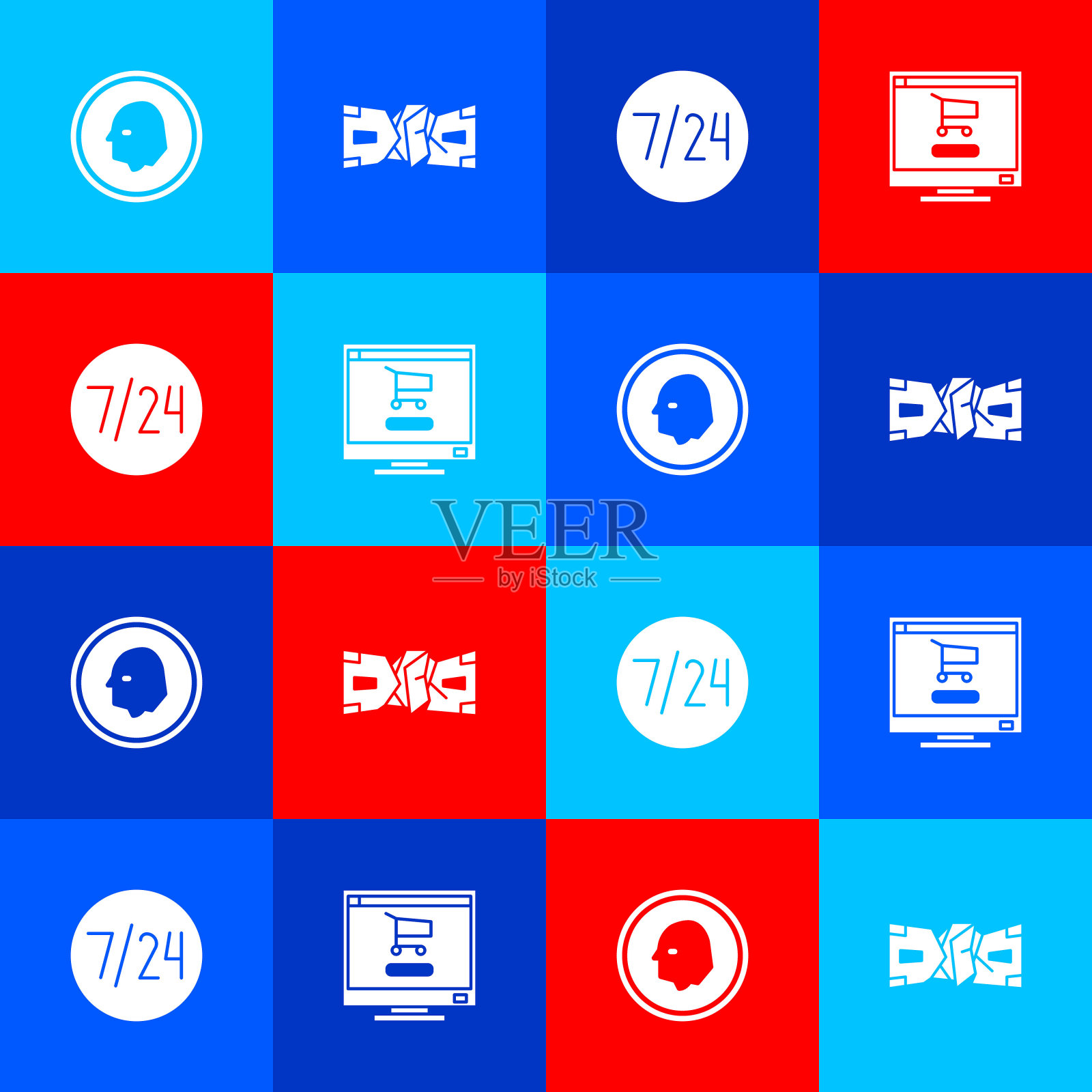 设置硬币钱，折纸现金，时钟24小时和购物车电脑图标。向量插画图片素材