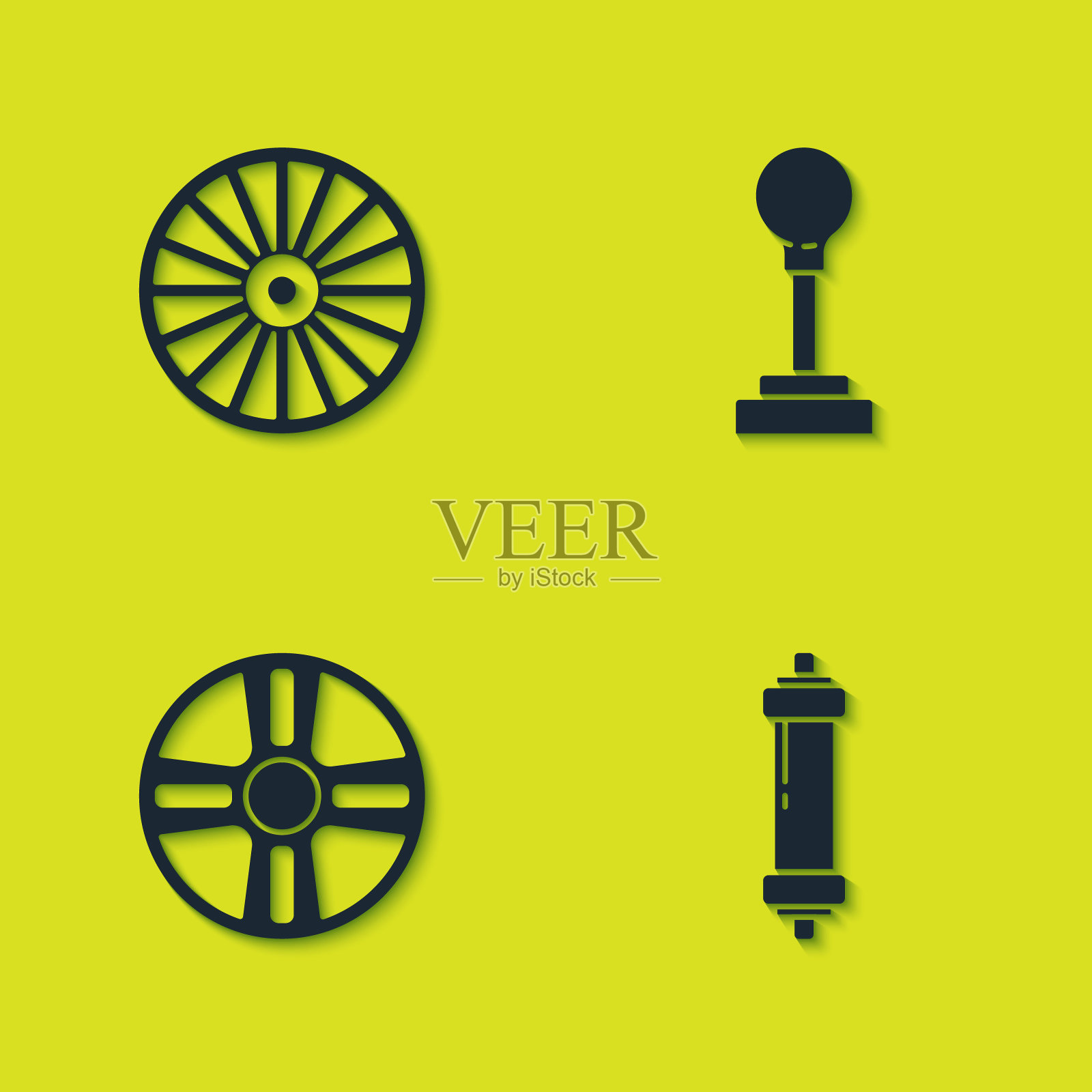 设置合金车轮，减震器和换挡图标。向量图标素材