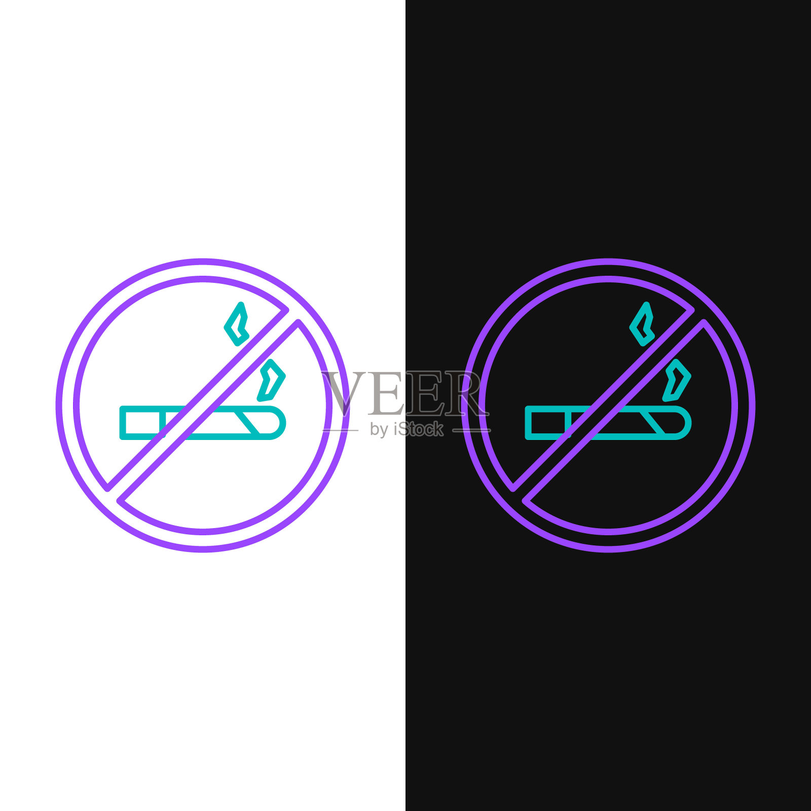 一行禁止吸烟图标隔离在白色和黑色背景。香烟的象征。彩色轮廓概念。向量插画图片素材