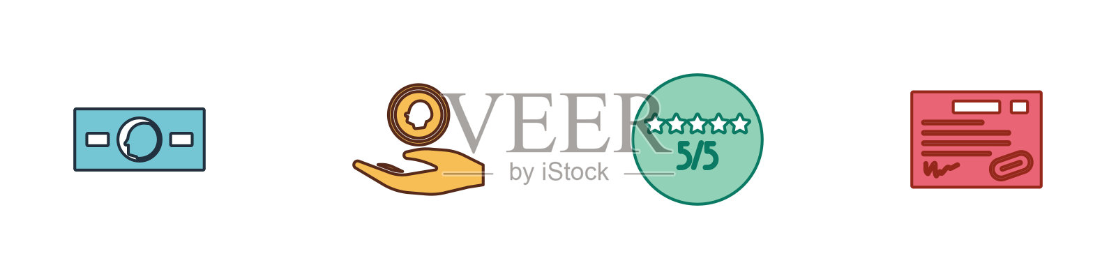 设置纸币现金，手持硬币，消费者或客户产品评级和质保证书模板图标。向量插画图片素材