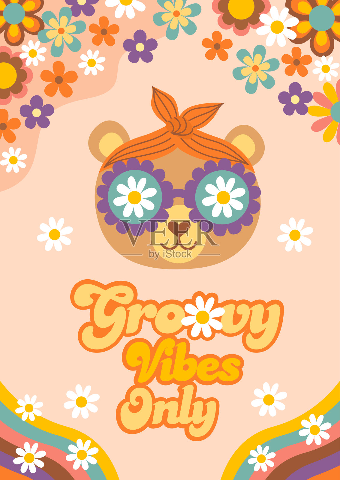 带有可爱熊脸的复古海报插画图片素材