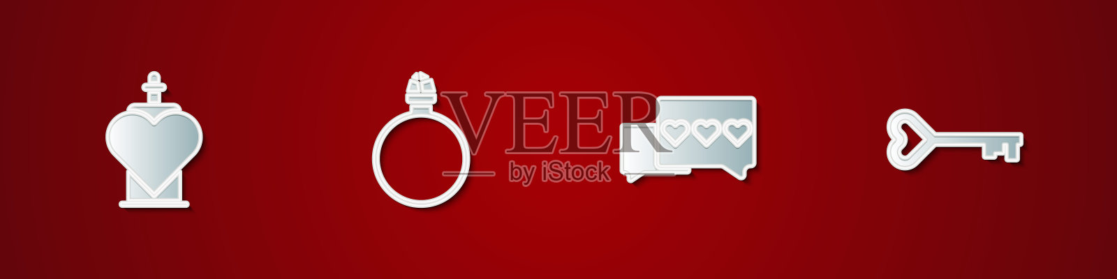 设置瓶与爱情药水，钻石订婚戒指，喜欢和心脏和钥匙形状图标。向量插画图片素材