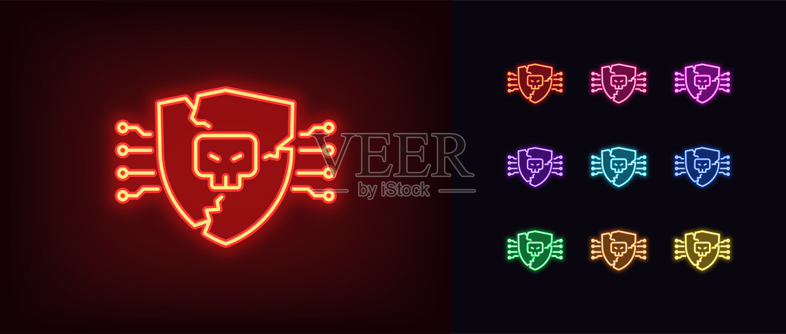 大纲霓虹灯网络攻击图标集。破坏系统保护。摧毁了发光的霓虹灯盾牌的头骨，伤害和裂缝。黑客数据，网络攻击，黑客风险，DDoS攻击危险。插画图片素材