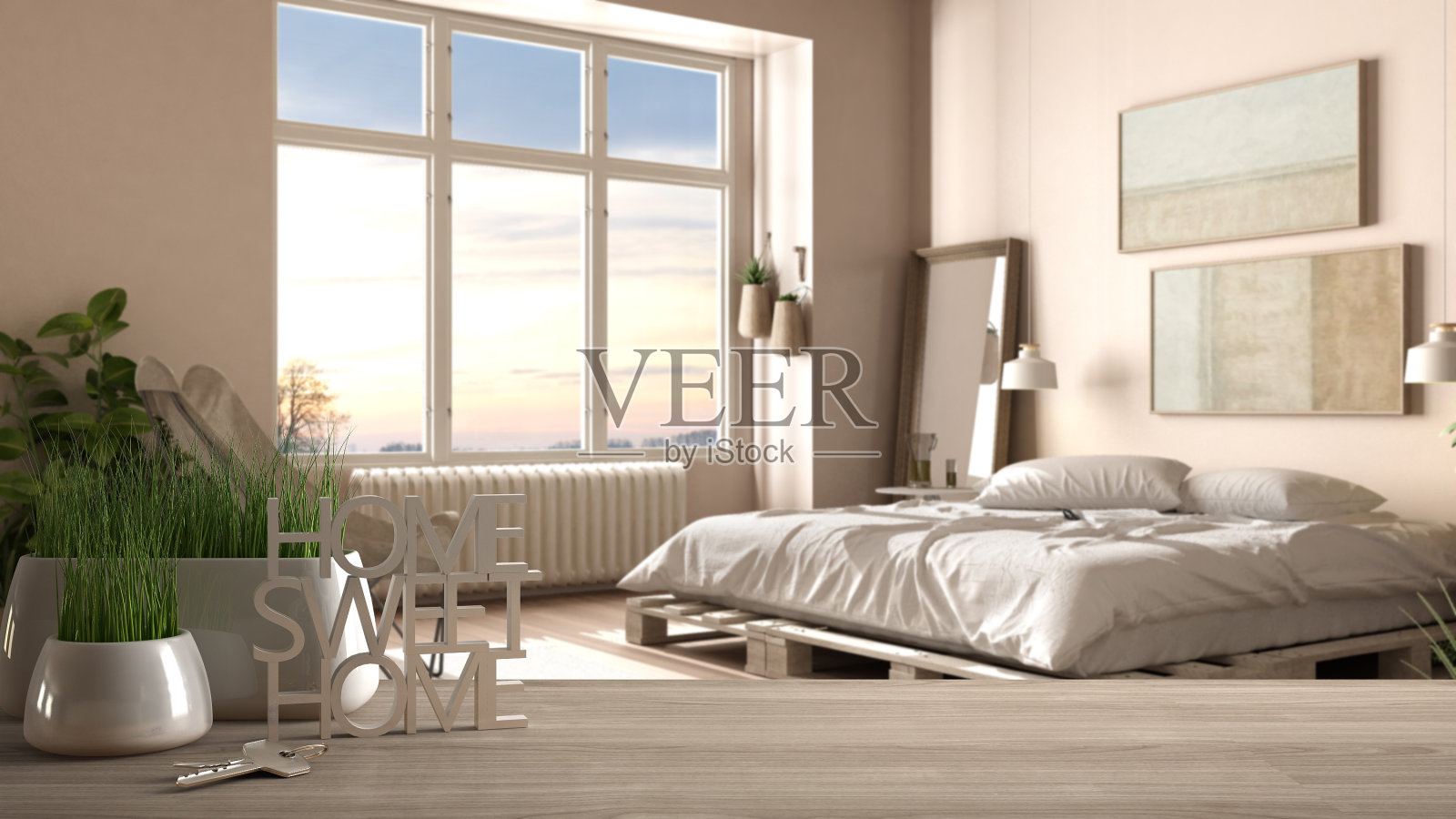 木桌，书桌或架子与盆栽草植物，房子钥匙和3D字母家甜蜜的家，卧室diy托盘床，建筑室内设计，复制空间背景照片摄影图片