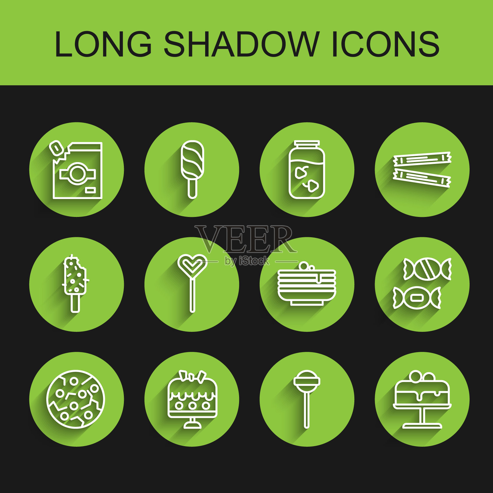 集线饼干或饼干，蛋糕在盘子上，糖果包装的糖果，棒棒糖，煎饼图标堆栈。向量图标素材