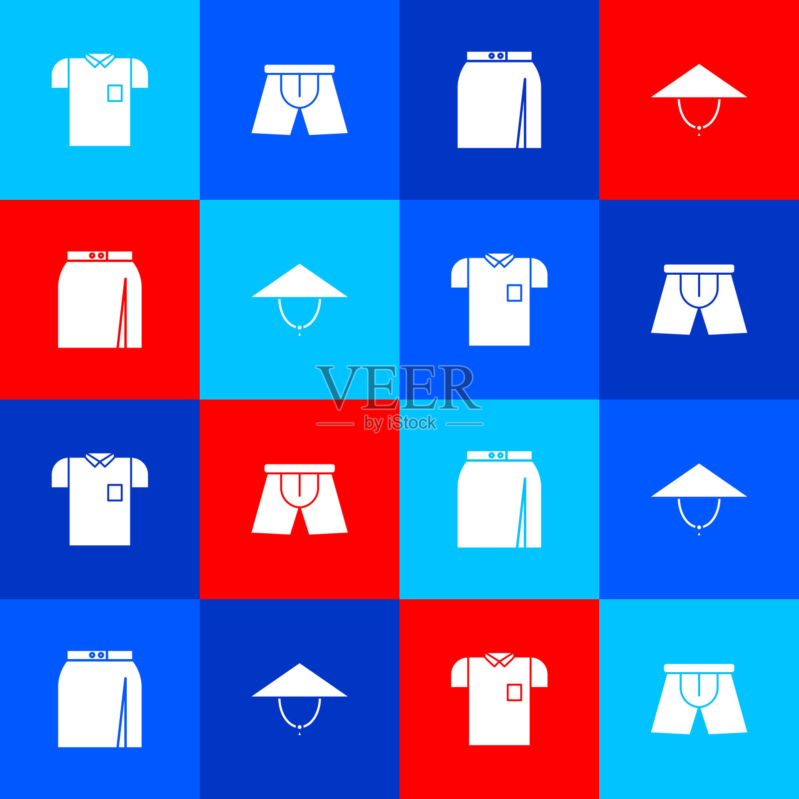 集Polo衫，男士内裤，裙子和亚洲锥形帽图标。向量插画图片素材