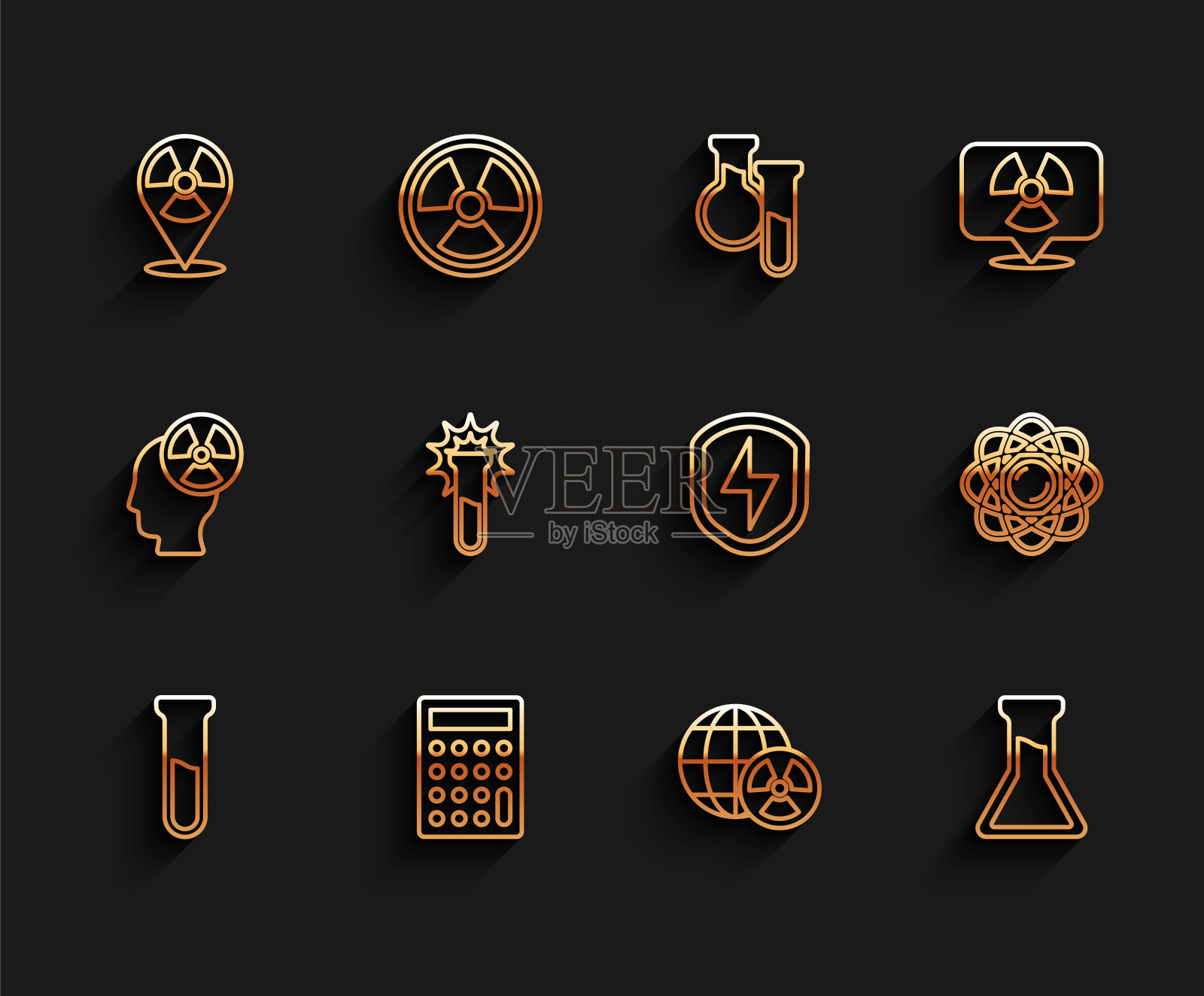 设置线试管和烧瓶，计算器，放射性在位置，行星地球辐射，原子和安全盾与闪电图标。向量图标素材