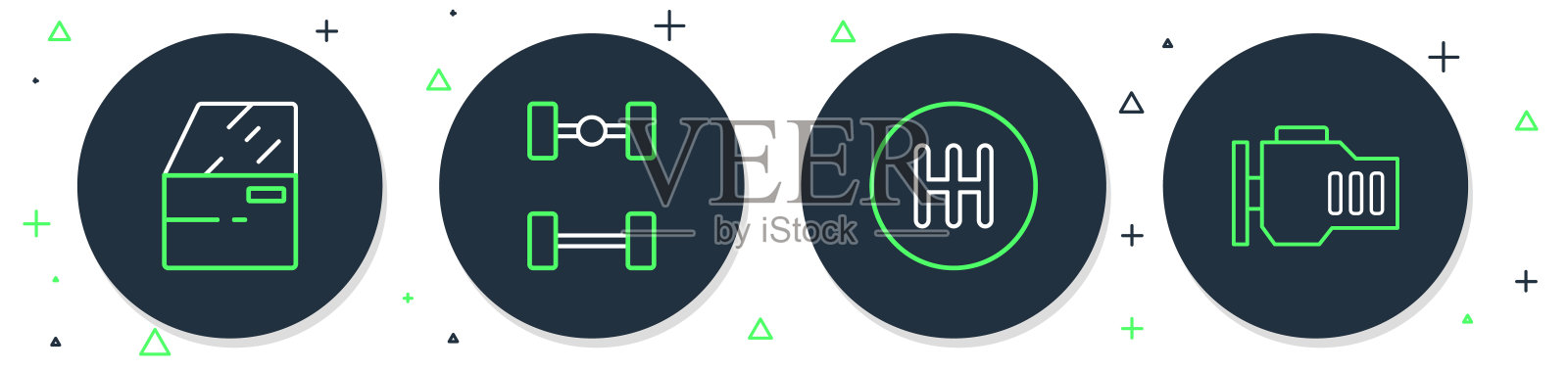 设置线底盘车，换挡，车门和检查发动机图标。向量图标素材
