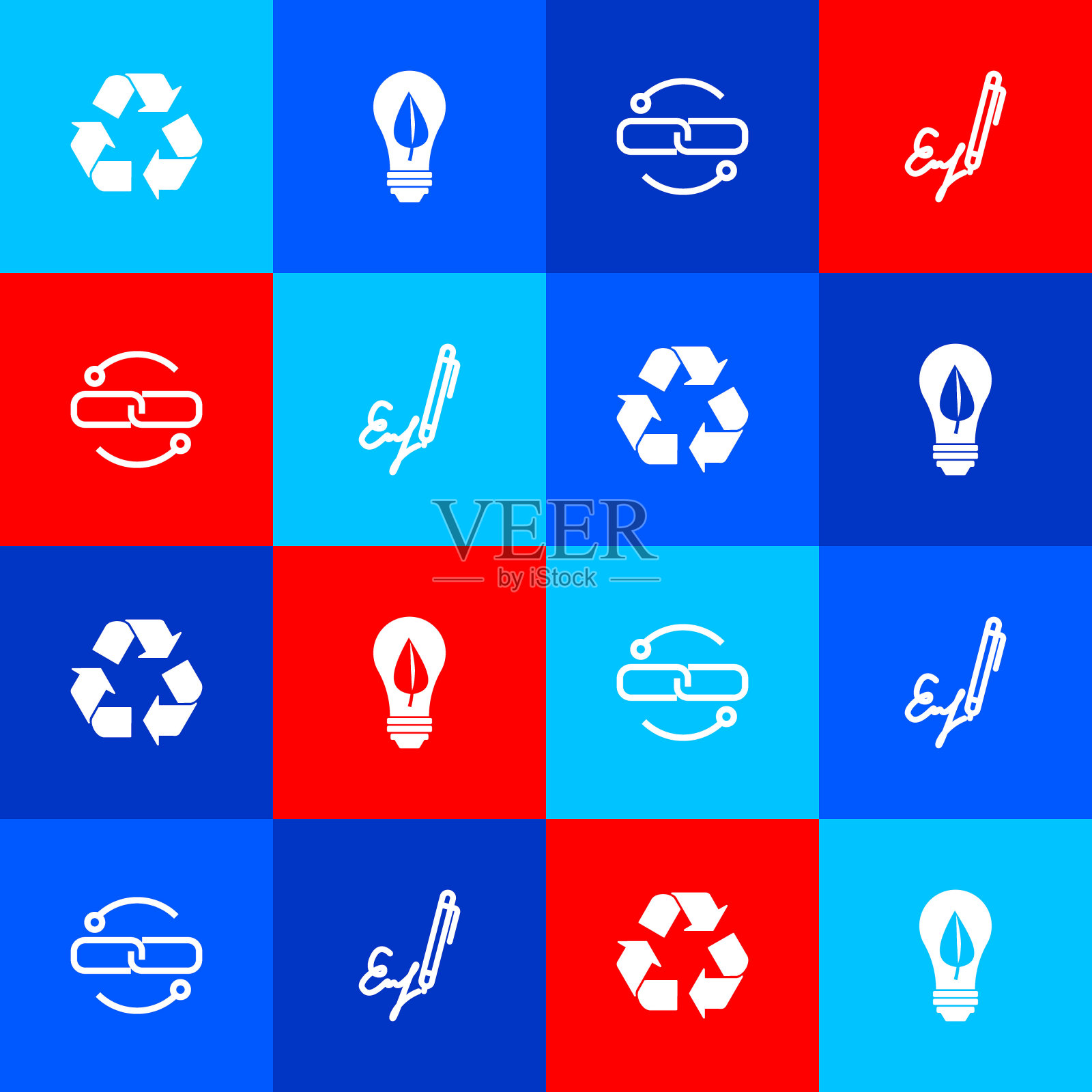 设置回收符号、带叶灯泡、链环线和签名图标。向量图标素材