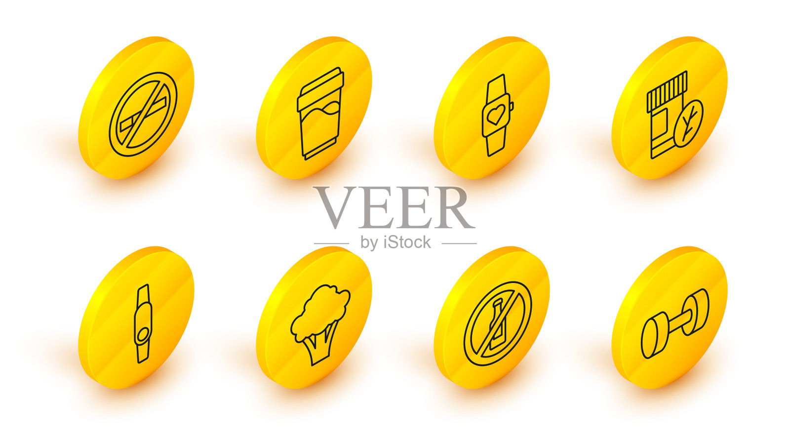 哑铃，无酒精，花椰菜，智能手表，维生素药片，玻璃杯与水和吸烟图标。向量图标素材