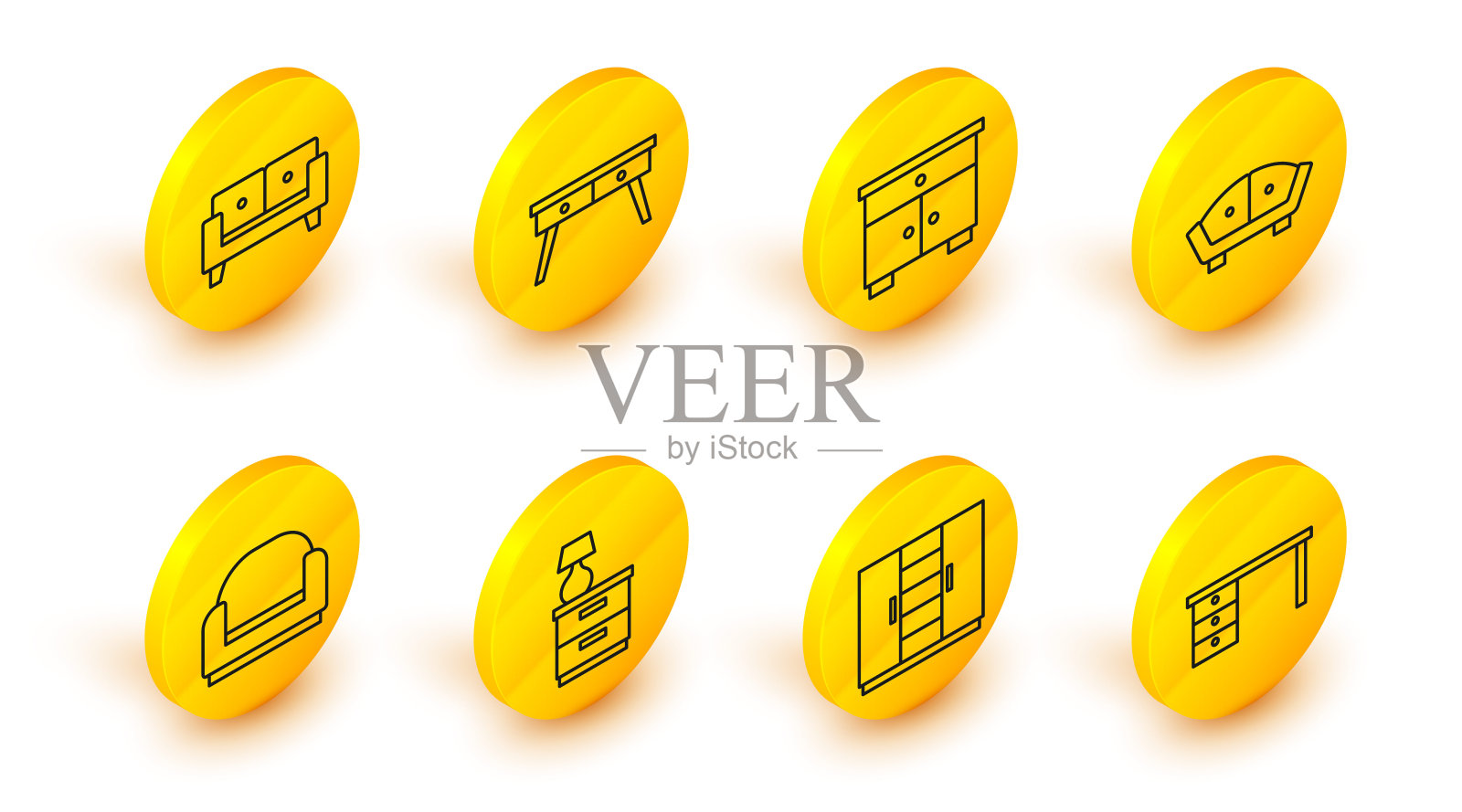 设置线办公桌，衣柜，家具床头柜与灯，扶手椅，沙发，和图标。向量图标素材