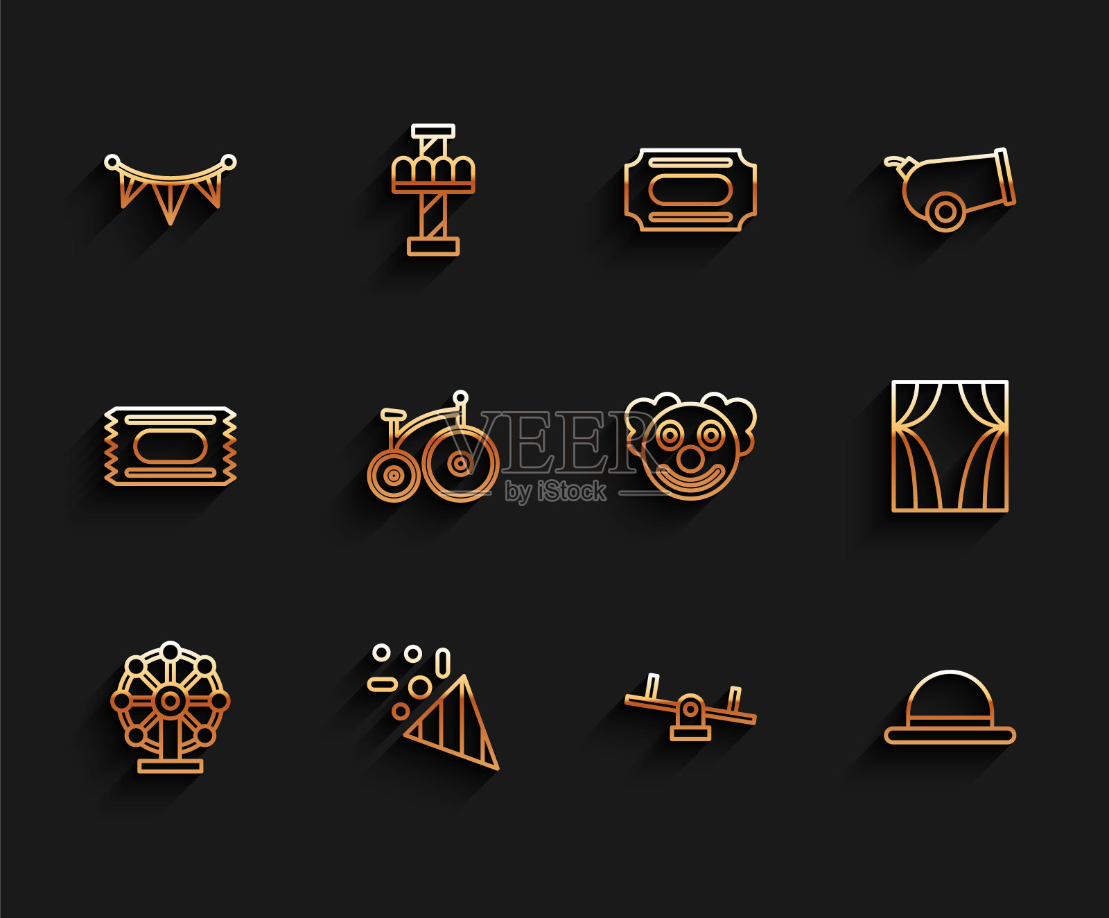 集线摩天轮，节日彩纸，嘉年华花环与旗帜，跷跷板，小丑帽，古董自行车，马戏团窗帘上升和头部图标。向量图标素材