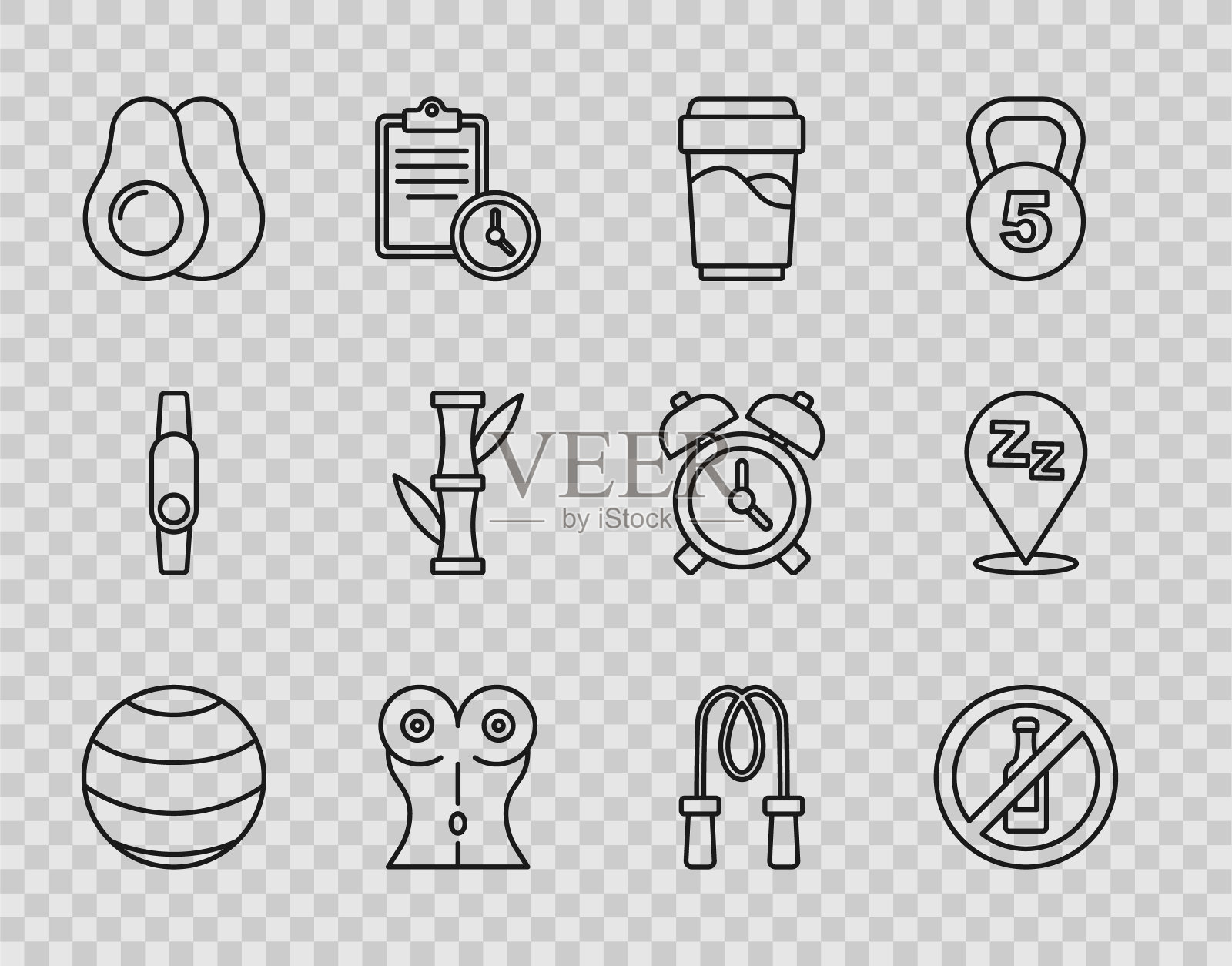 设置线健身球，不含酒精，杯子与水，女性腰，牛油果，竹子，跳绳和嗜睡图标。向量图标素材