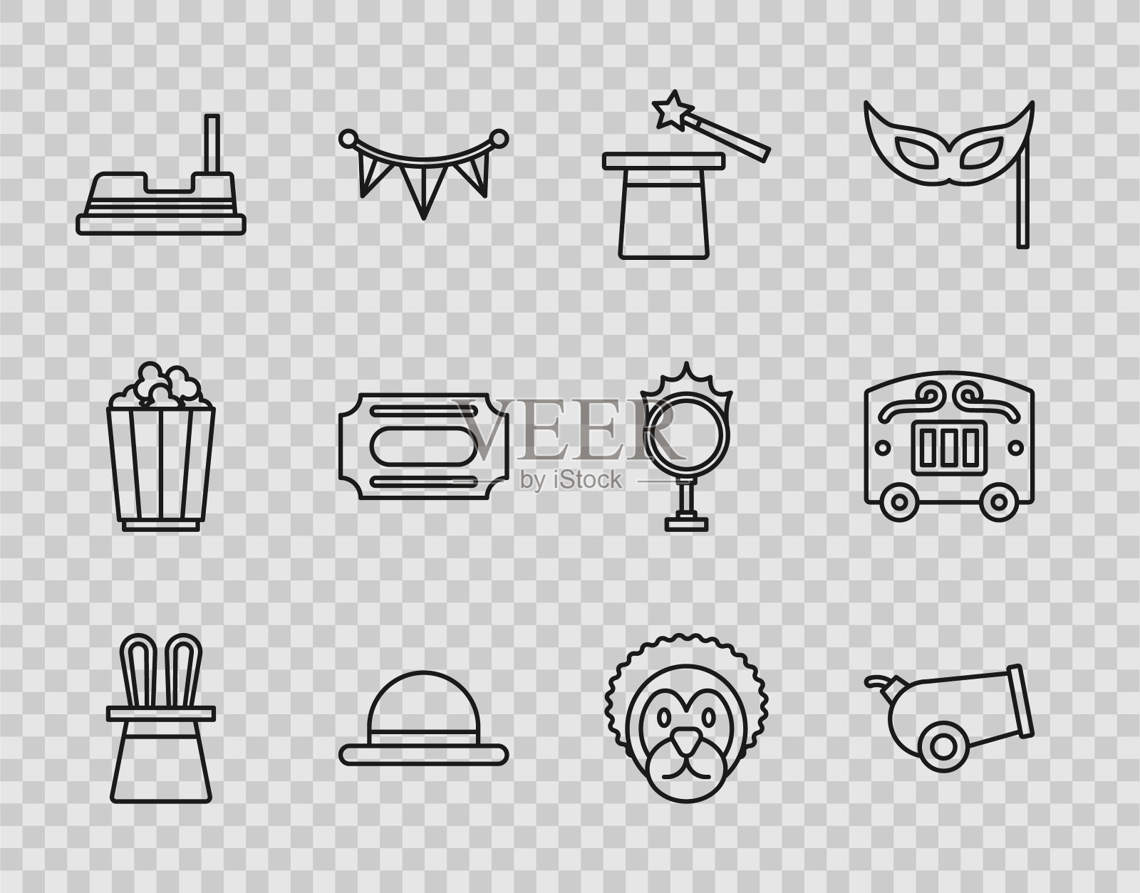 集行魔术师帽子和兔子耳朵，大炮，魔杖，小丑，碰碰车，马戏团票，野生狮子和马车图标。向量图标素材