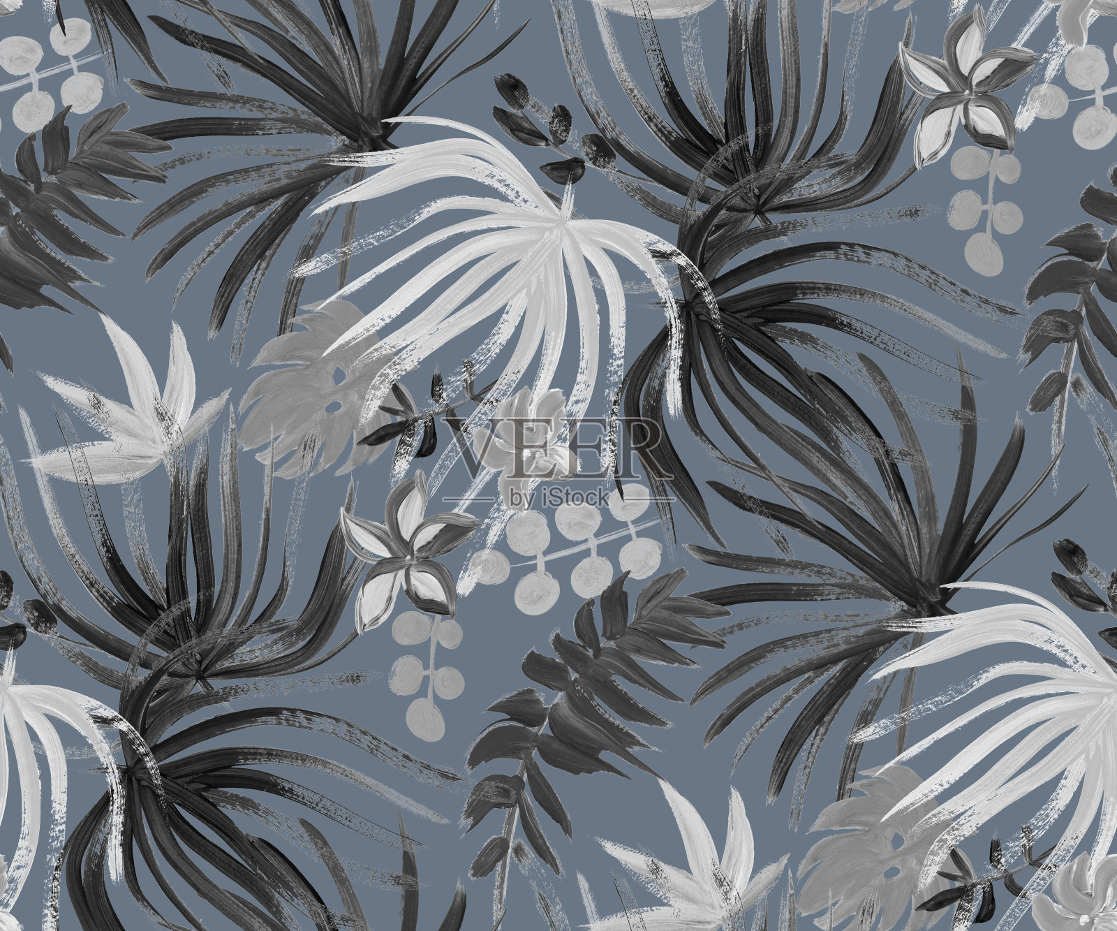 单色无缝模式与热带干燥植物画水粉插画图片素材