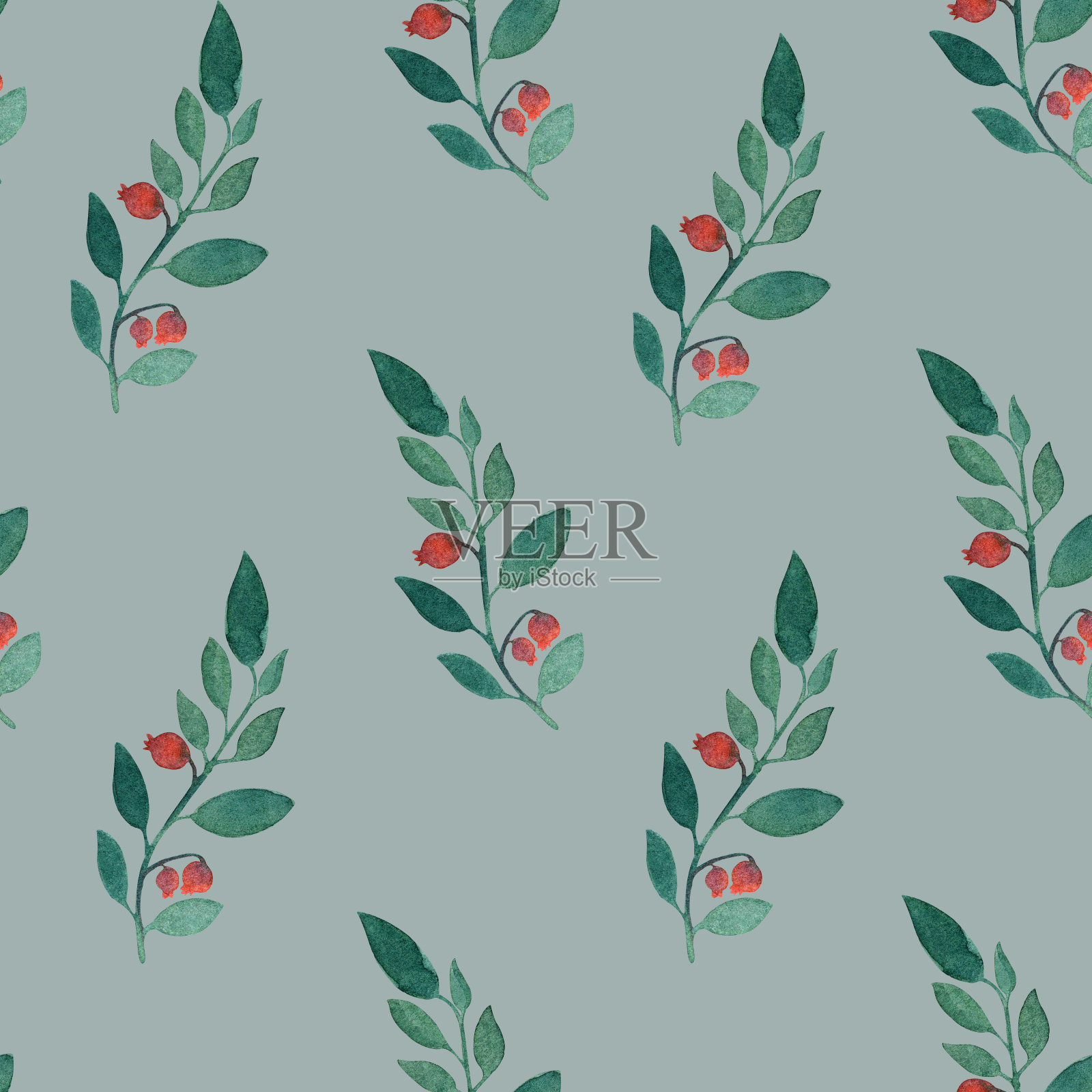 水彩无缝手绘植物图案与抽象的红色浆果和绿叶插画图片素材