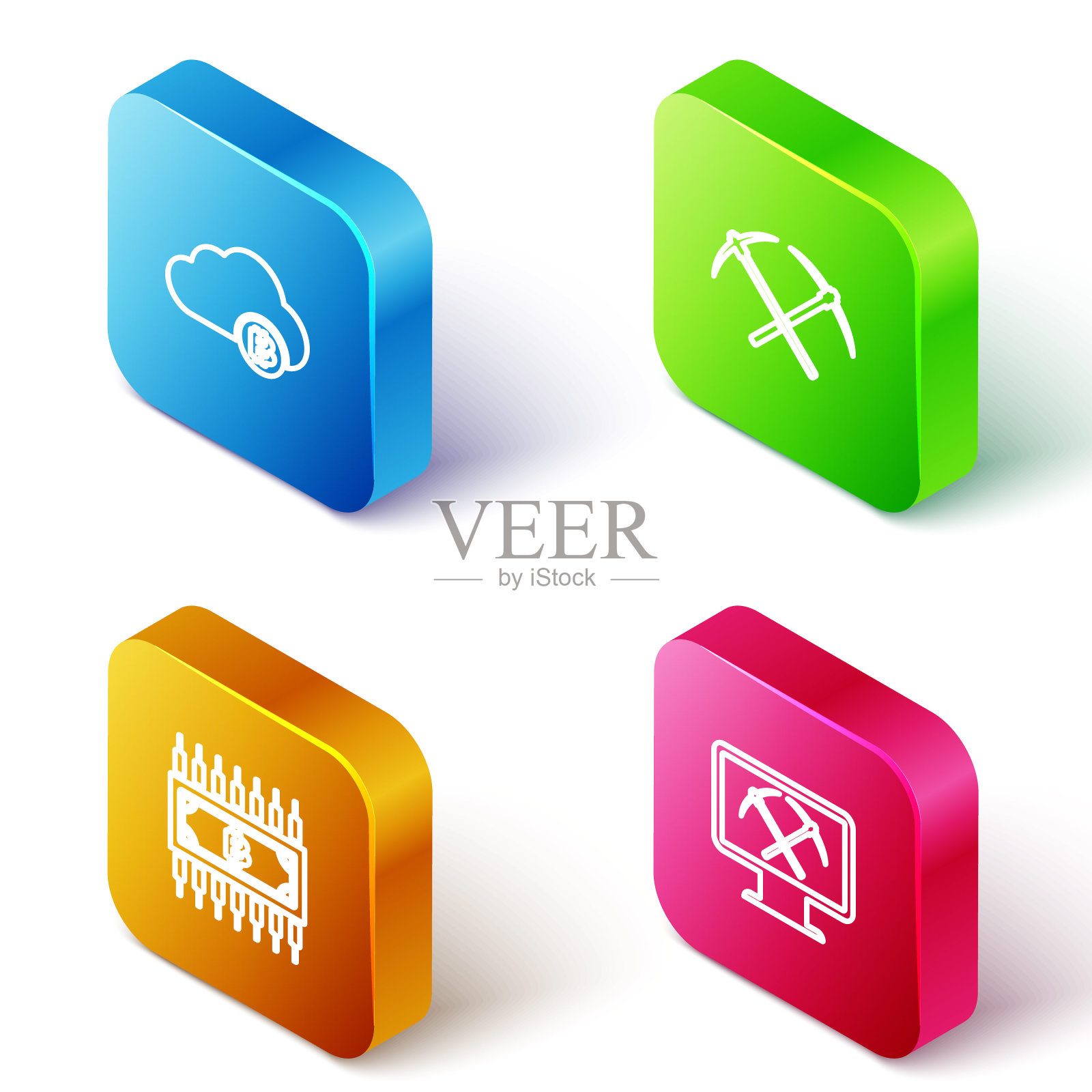 设置等距线加密货币云挖矿，交叉十字镐，比特币与电路和挖矿监视器和图标。向量图标素材