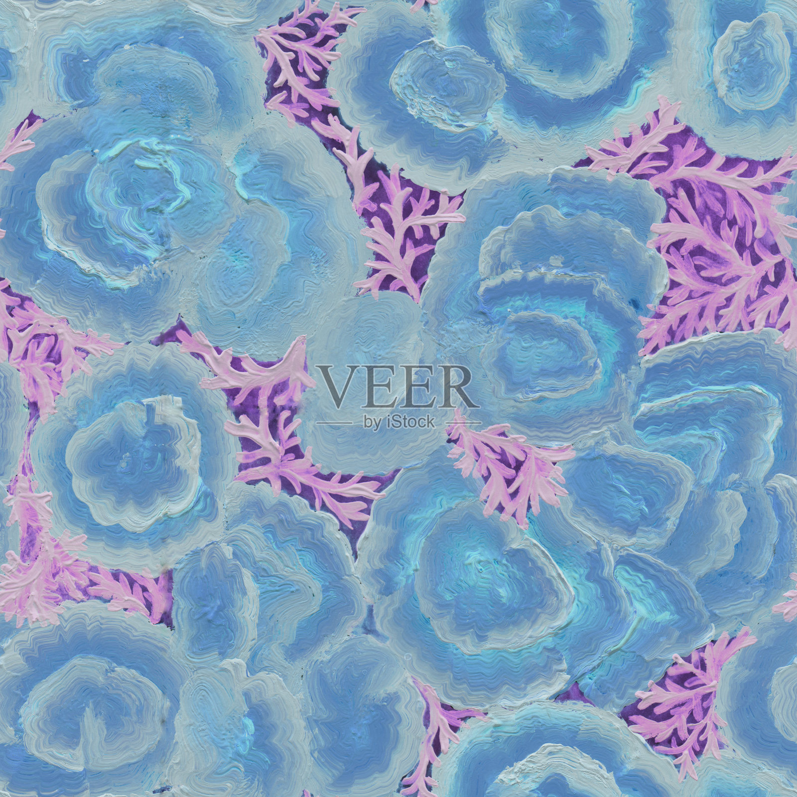 蓝色和紫色水彩抽象背景。苔藓和地衣无缝排列。自然的圆形在无尽的背景。彩色的壁纸。霜的纹理为您的设计。插画图片素材