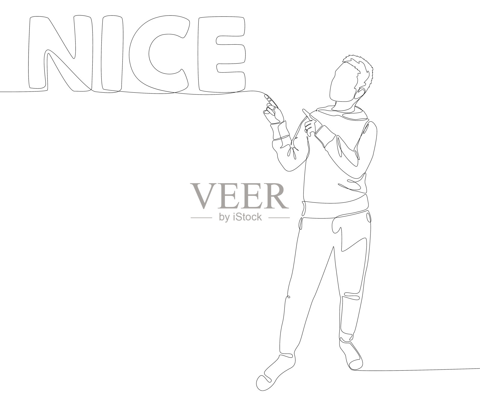 一个连续的男人用手指指着Nice word。细线插图矢量概念。轮廓图创意。插画图片素材