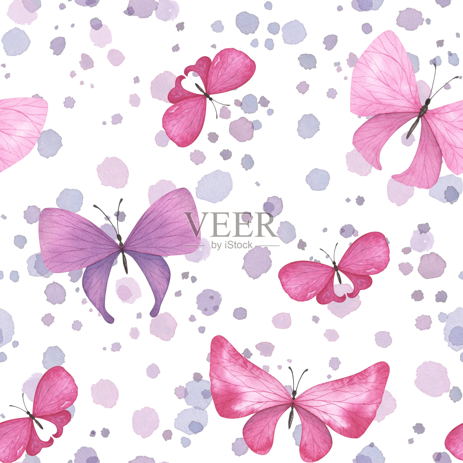 无缝模式紫色蝴蝶与水滴和飞溅隔离在白色背景。水彩手绘设计插画图片素材