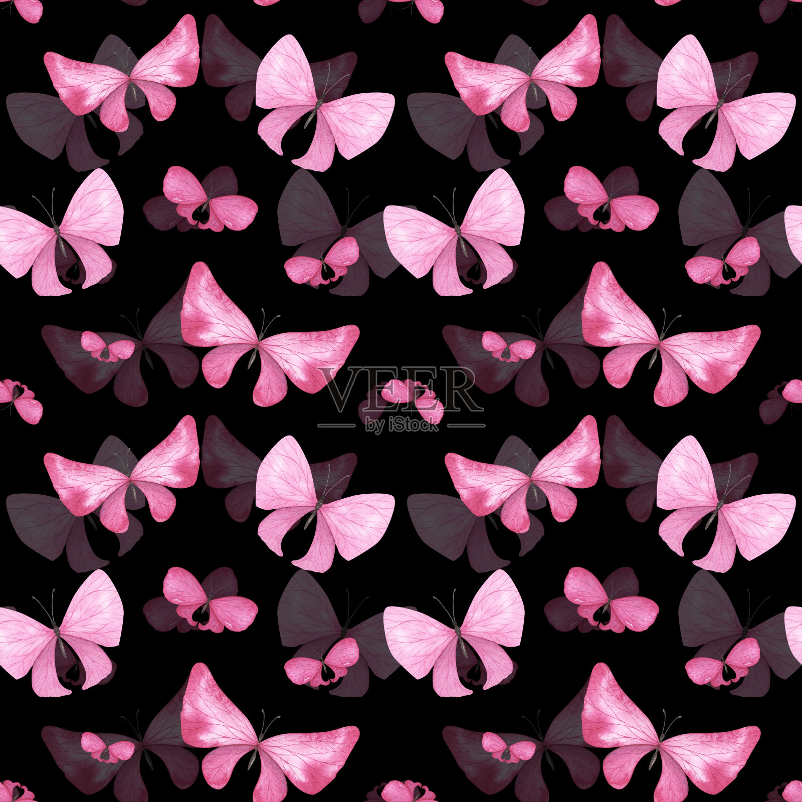 无缝模式粉红蝴蝶与详细的翅膀孤立在黑色背景。水彩手绘设计插画图片素材
