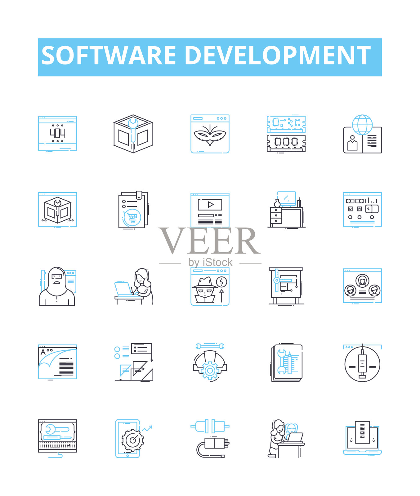 软件开发矢量线图标集。软件，开发，编程，编码，算法，架构，调试说明概述概念符号和符号图标素材