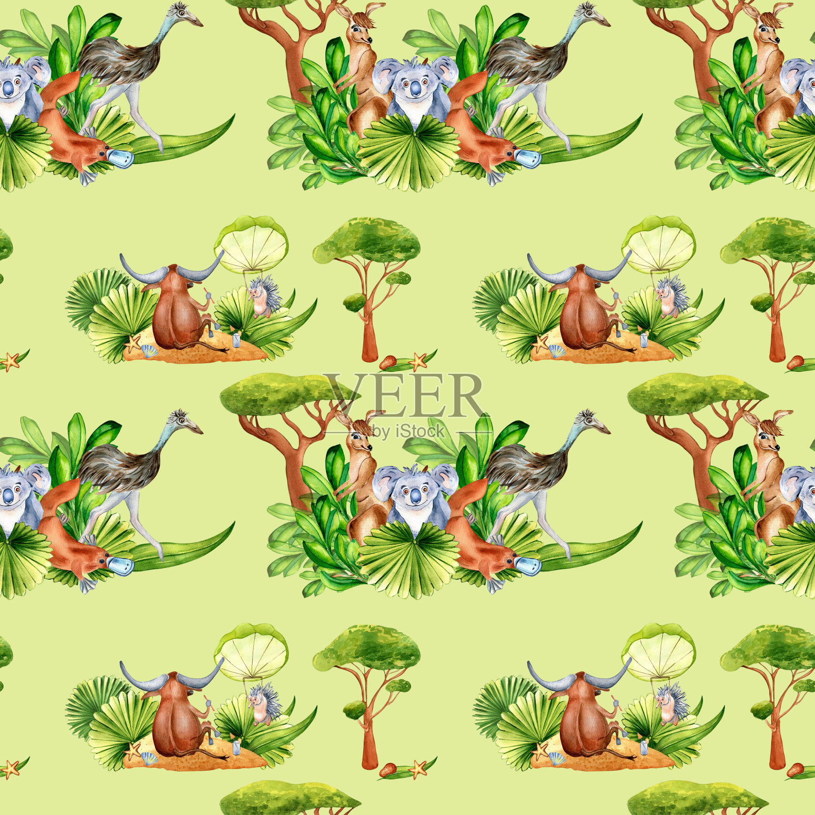 卡通动物水彩画无缝图案隔离在绿色上。插画图片素材