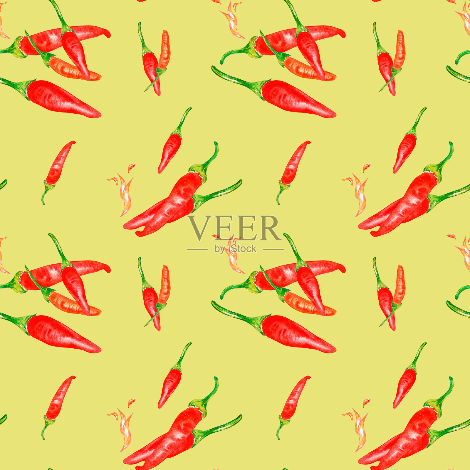 塔巴斯科辣椒和火焰水彩无缝花纹隔离在绿色上。插画图片素材