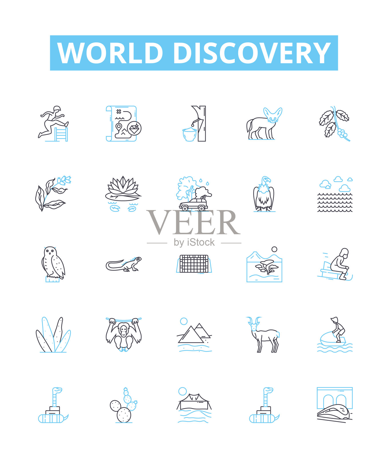 世界发现矢量线图标集。探索，探险，航海，识别，制图，定位，地理插图概述概念符号和标志插画图片素材