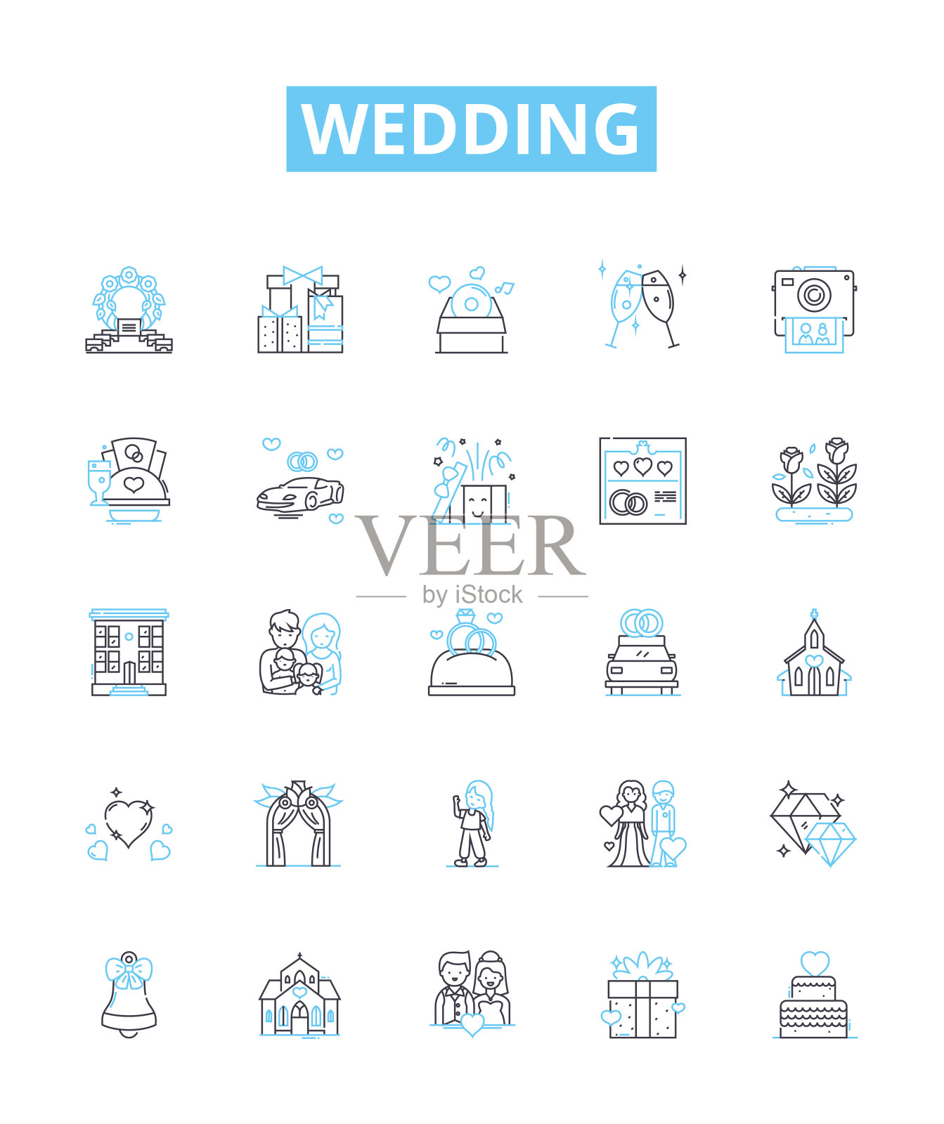 婚礼矢量线图标集。婚姻，婚礼，仪式，新娘，新郎，誓言，庆典插图大纲概念符号和标志图标素材