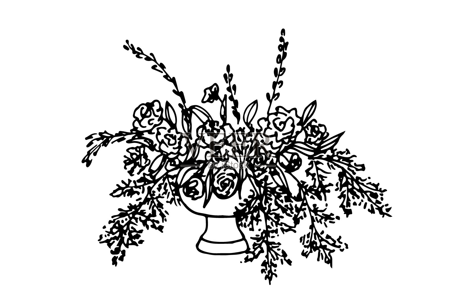 一束花在一个低花瓶在涂鸦风格。手绘矢量插图花装饰插画图片素材