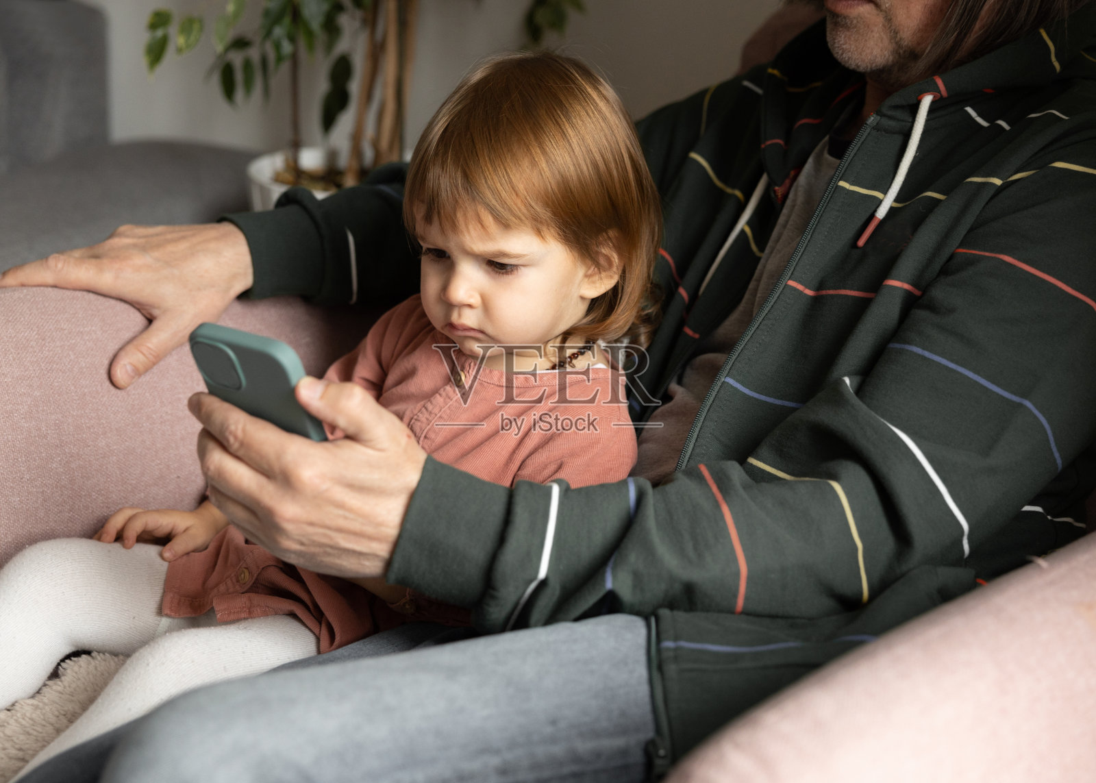 一个小女孩坐在爷爷的怀里，看着她的手机。照片摄影图片