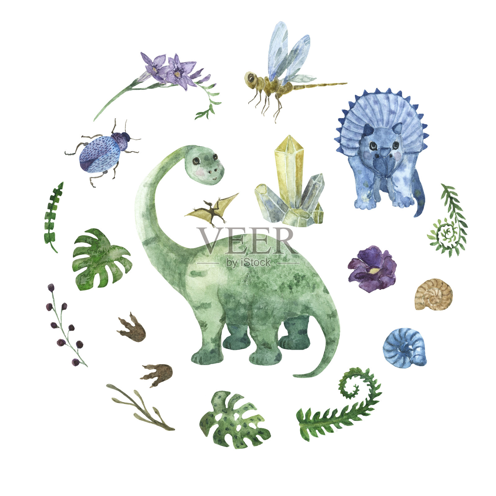 恐龙元素集。三角龙、腕龙、昆虫、水晶、菊石、花卉、植物、恐龙足迹。适用于幼儿园、棉布、织物、床上用品、睡衣。古生物学插画图片素材