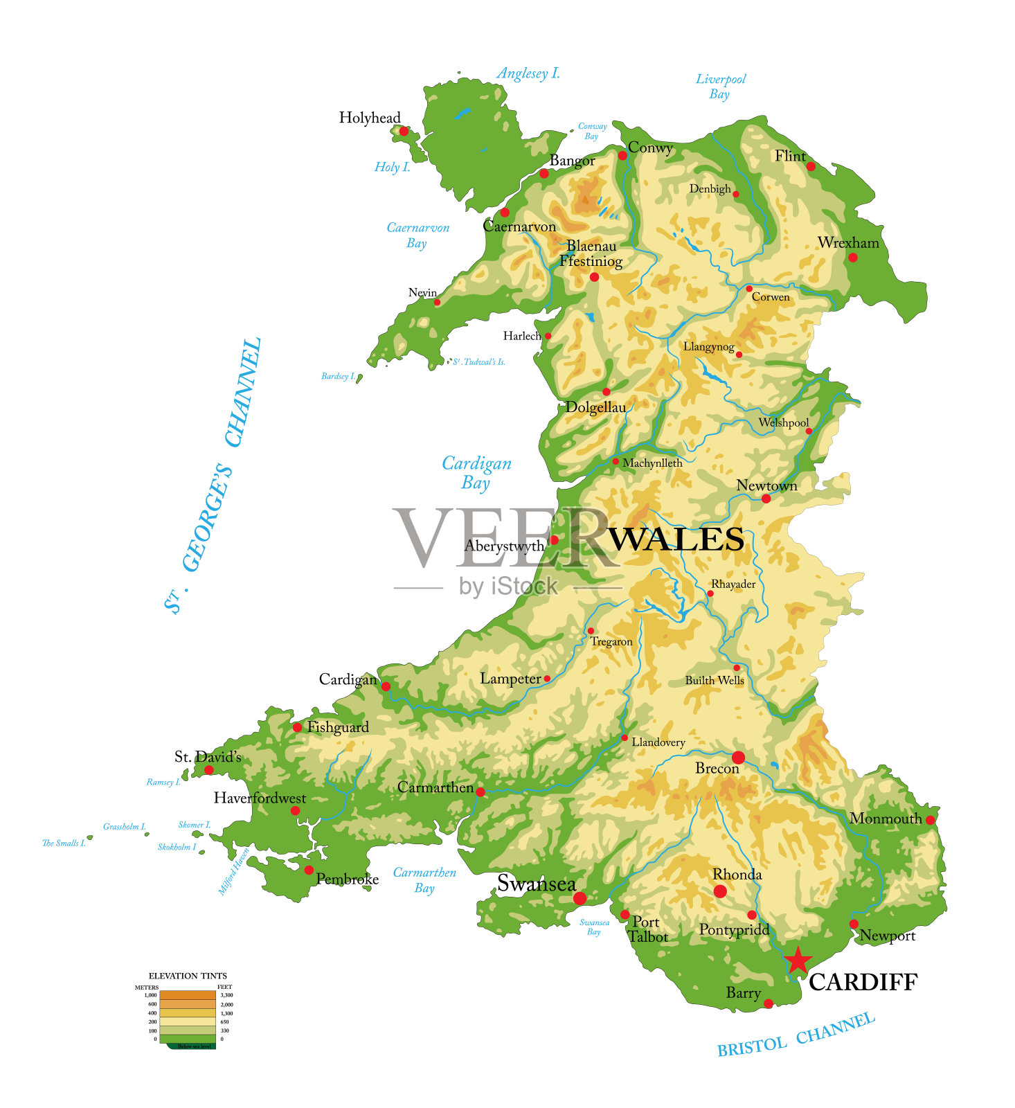 威尔士高度详细的物理地图插画图片素材
