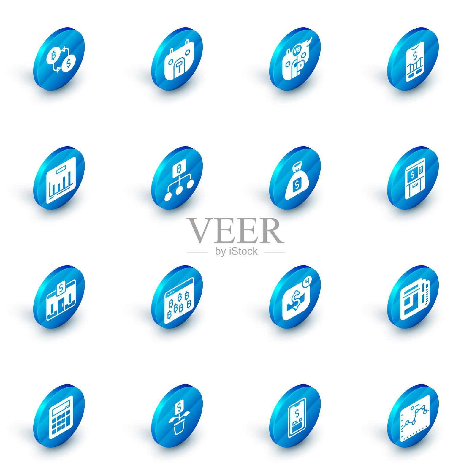 设置熊市，股票牛市和熊市，移动交易，饼图信息图，银行建设，区块链技术比特币，ATM币和钱袋图标。向量图标素材